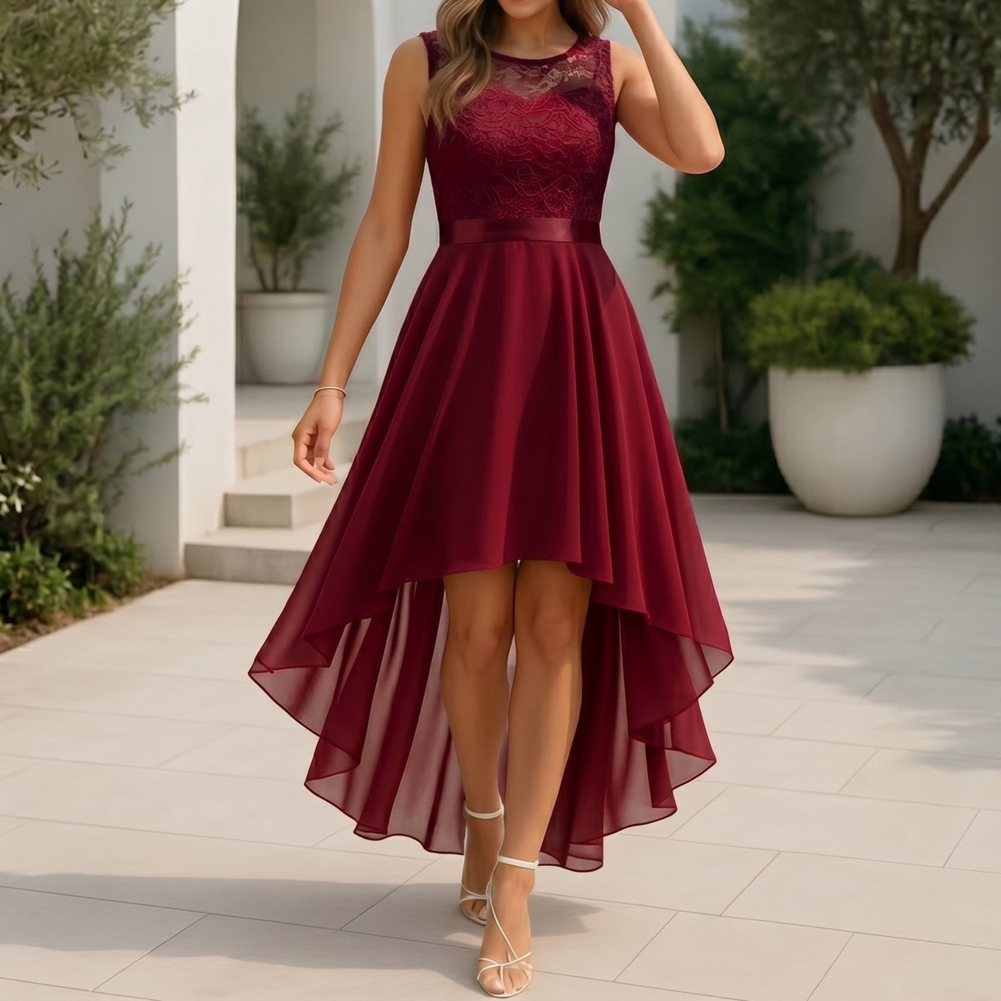 Rosie - Women's Party Lace Bodice Asymmetric Midi Dress