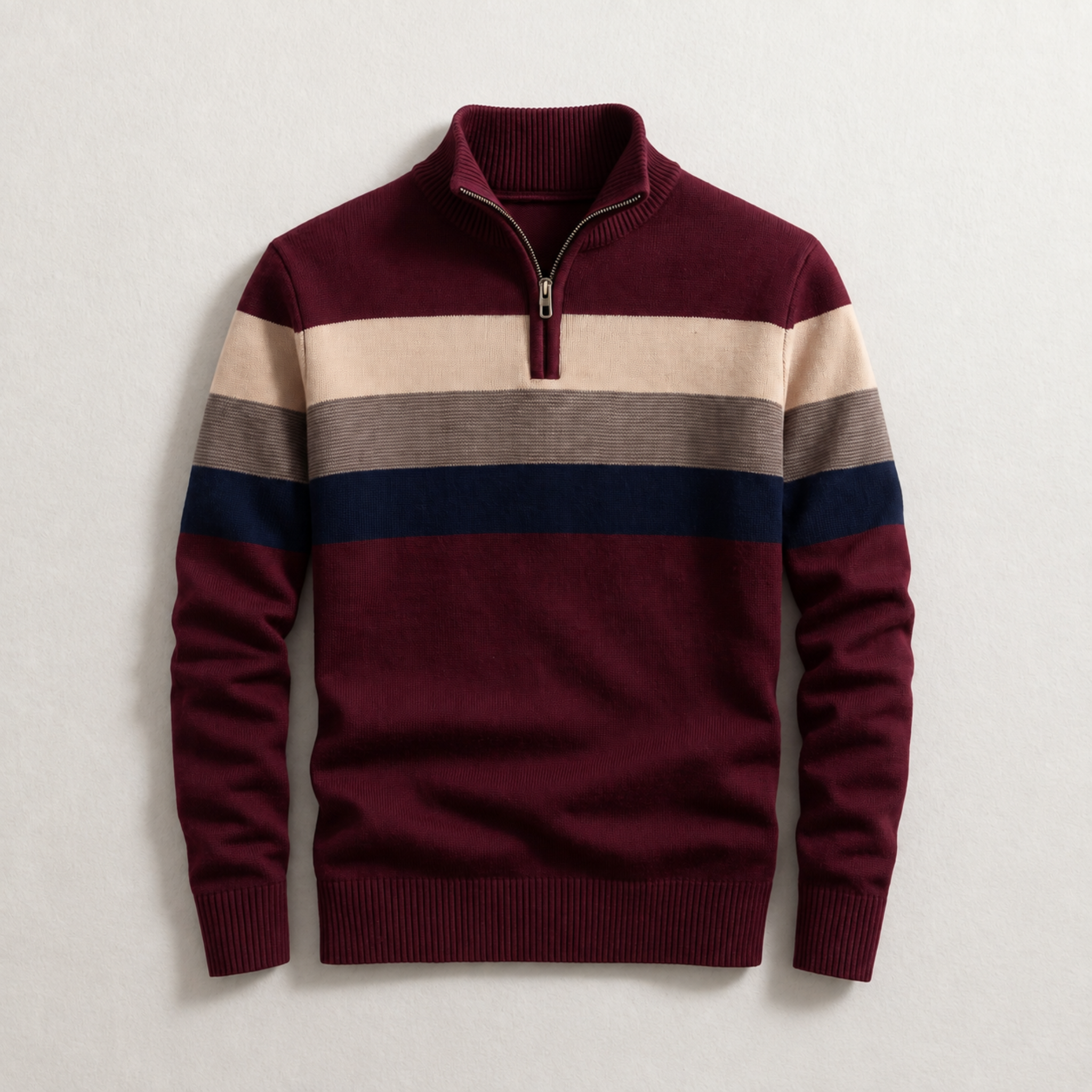 James - Men's Quarter-Zip Striped Knit Jumper with Ribbed Trim