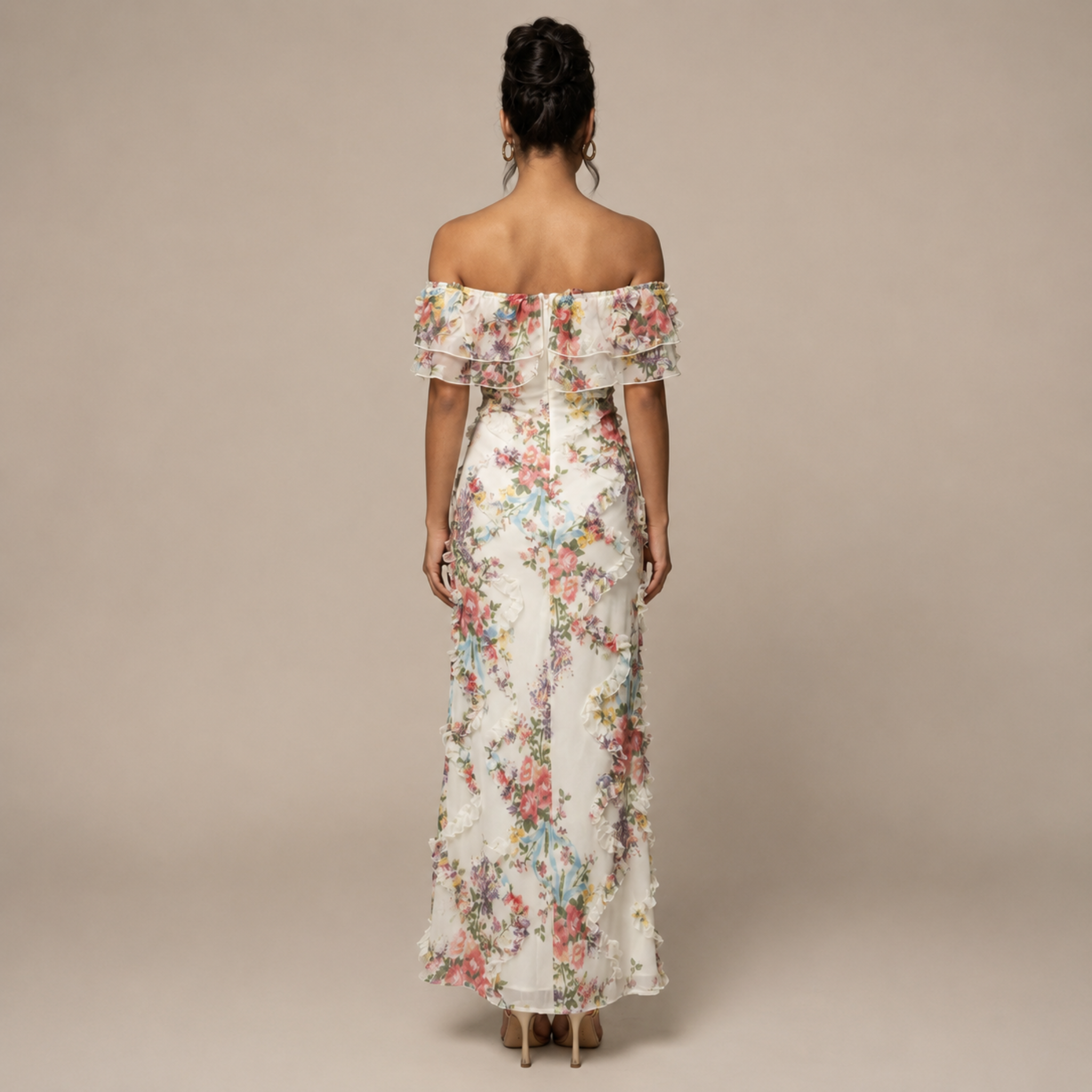 Gisela - Women's Off-Shoulder Vintage Floral Chiffon Maxi Dress