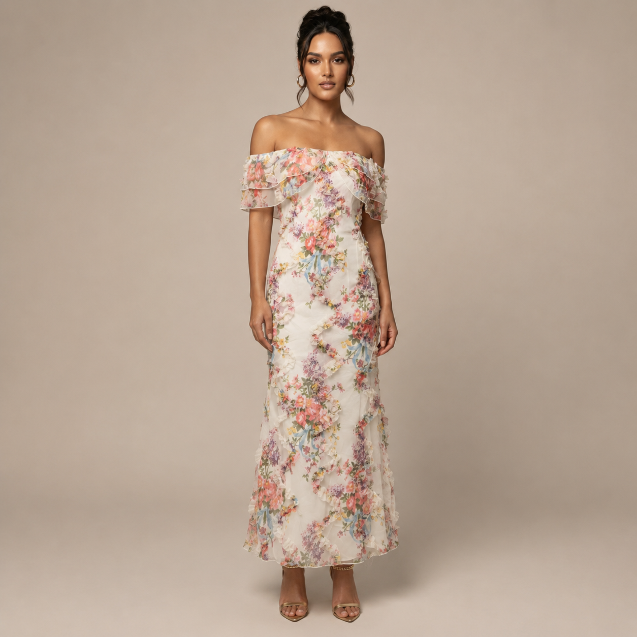 Gisela - Women's Off-Shoulder Vintage Floral Chiffon Maxi Dress