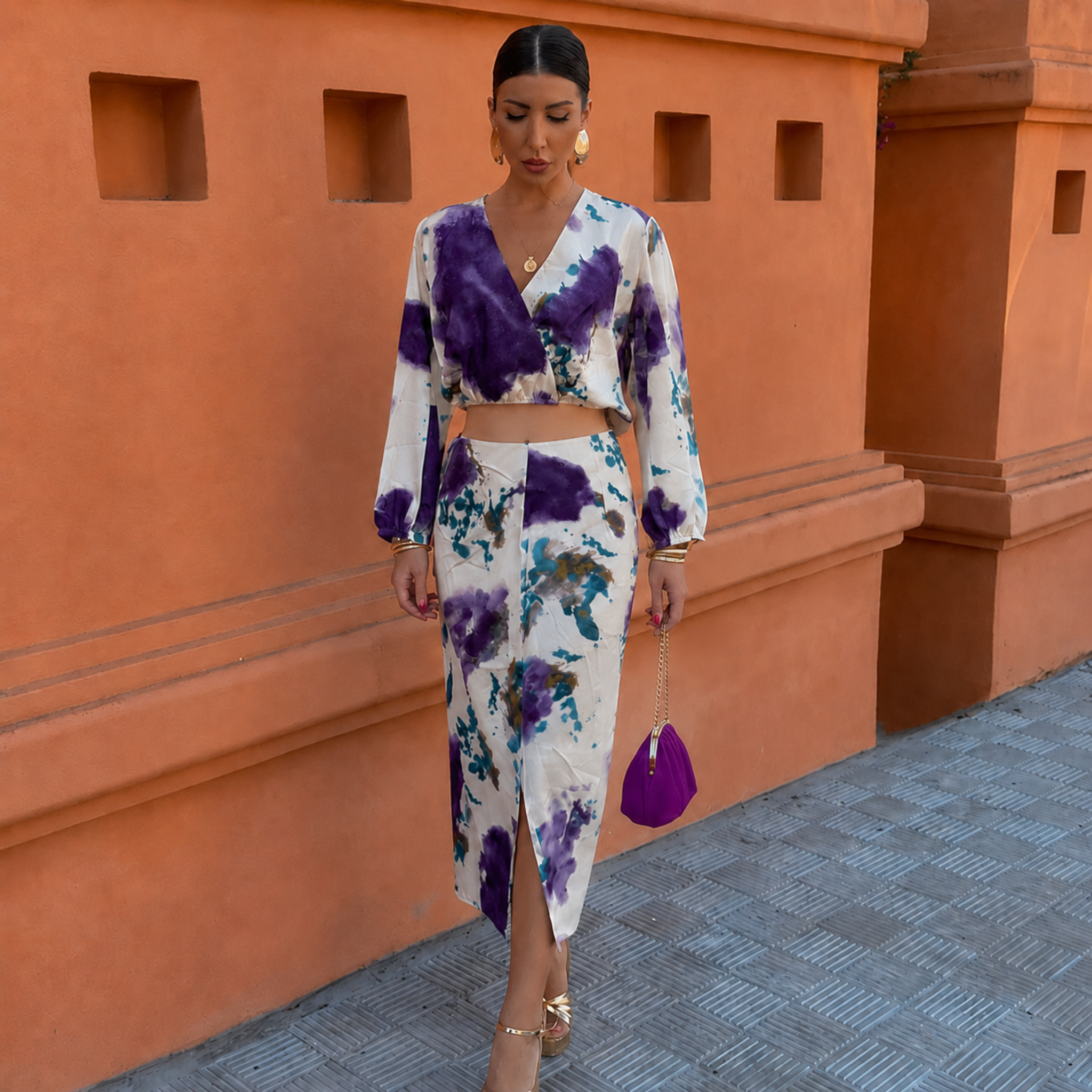 Hanna - Women's Abstract Print Long Sleeve Crop Top Skirt Set