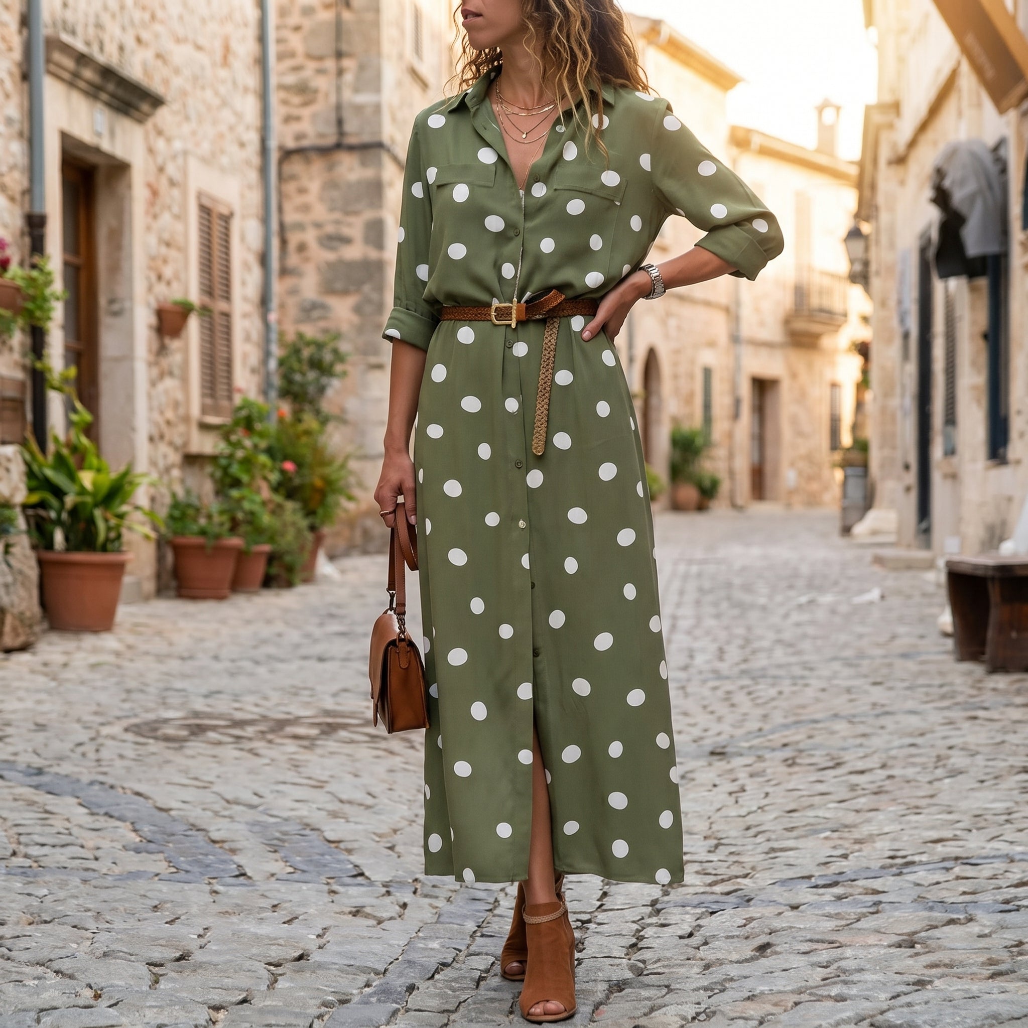 Georgia - Women's Summer Polka Dot Collared Shirt Maxi Dress