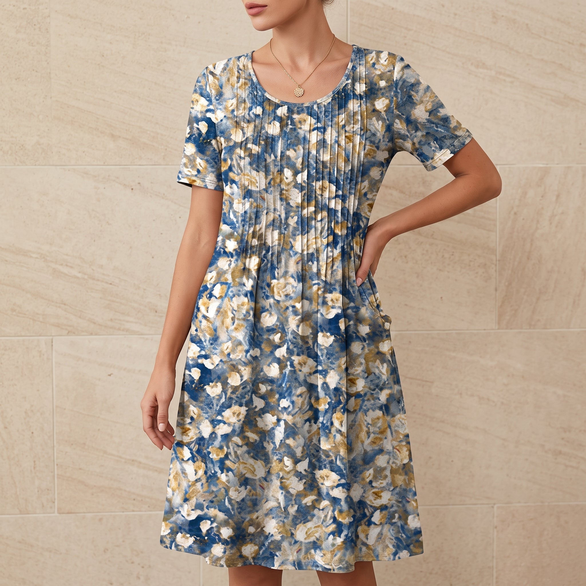 Bertha - Women's Summer Floral Scoop Neck Pleated Midi Dress