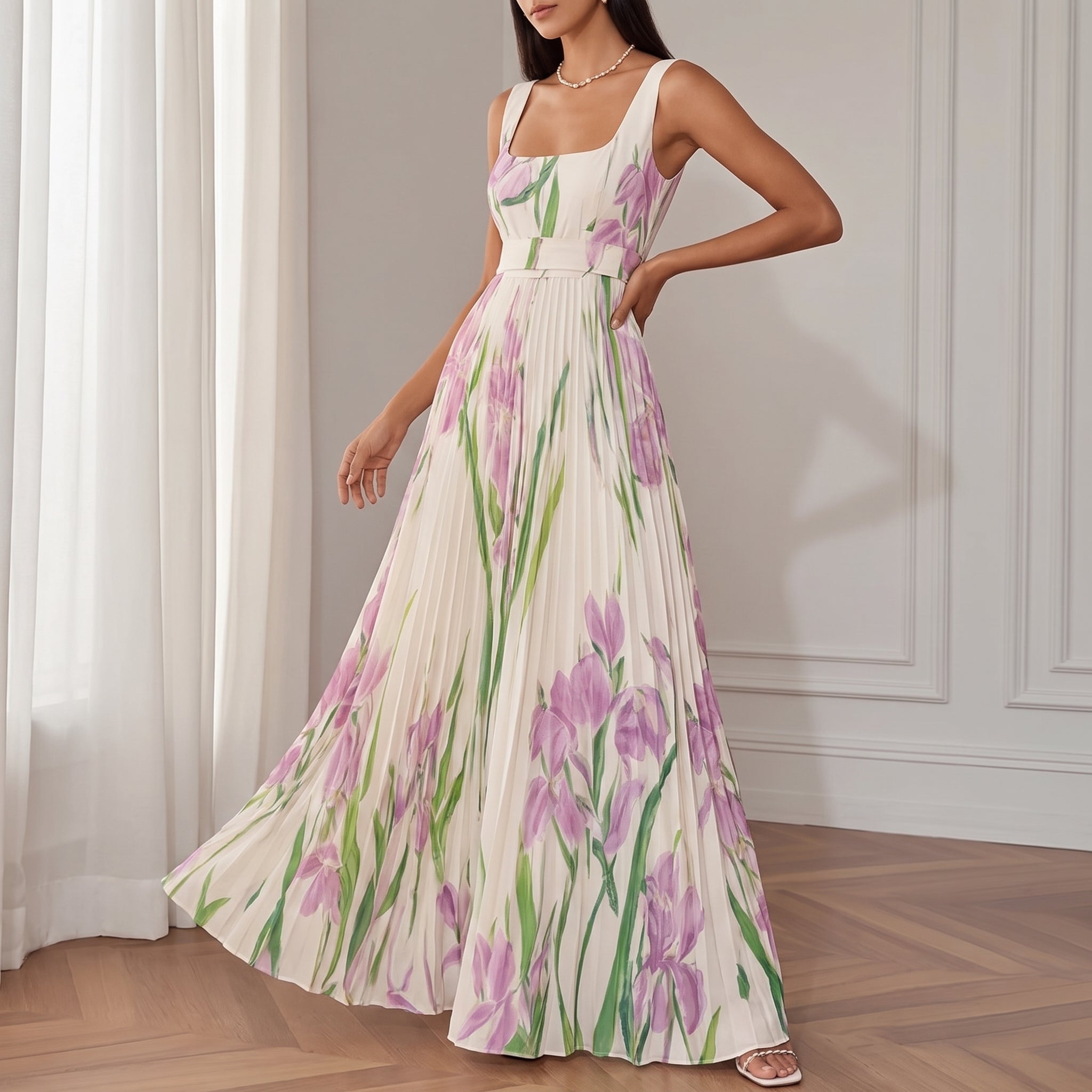Georgia - Women's Summer Floral Print Pleated Maxi Dress