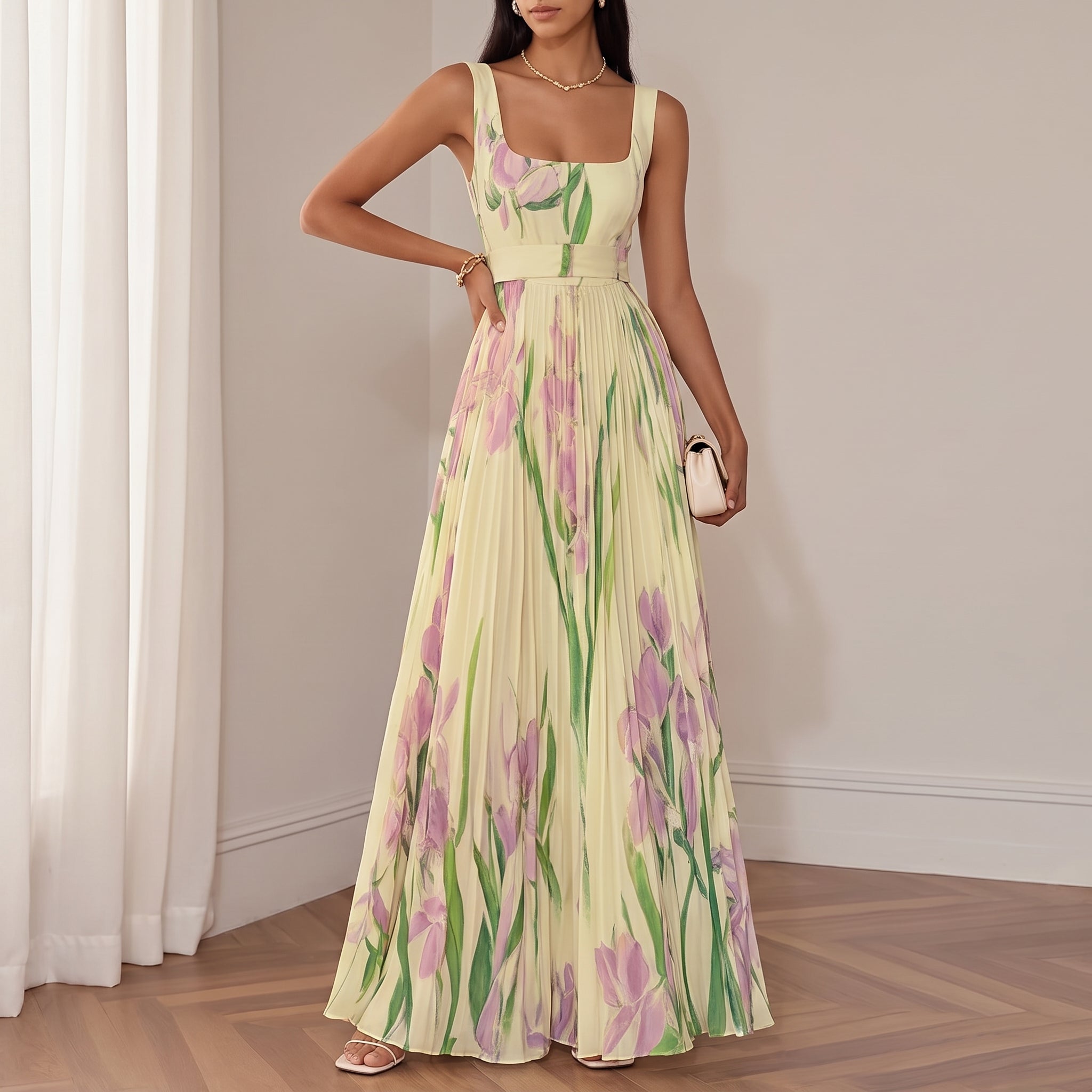Georgia - Women's Summer Floral Print Pleated Maxi Dress