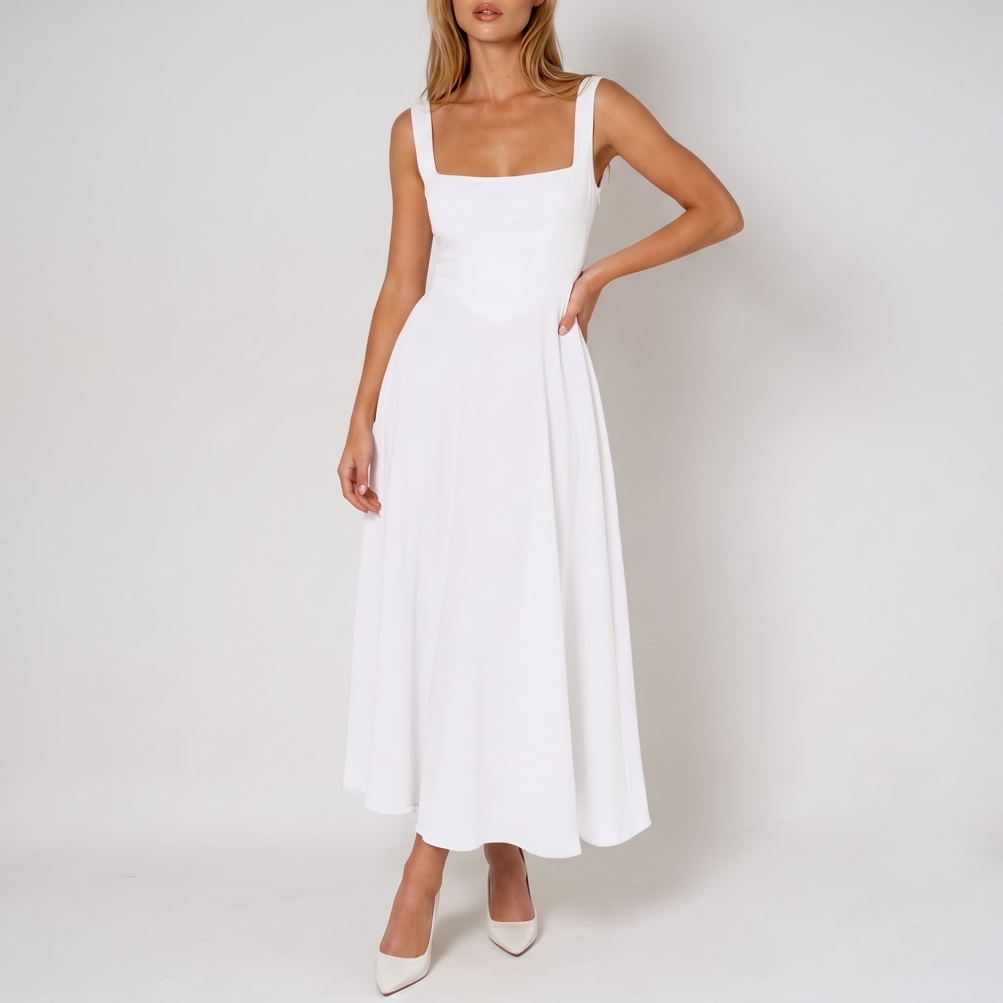 Victoria - Women's Evening Square Neck Ruched Bodice Maxi Dress
