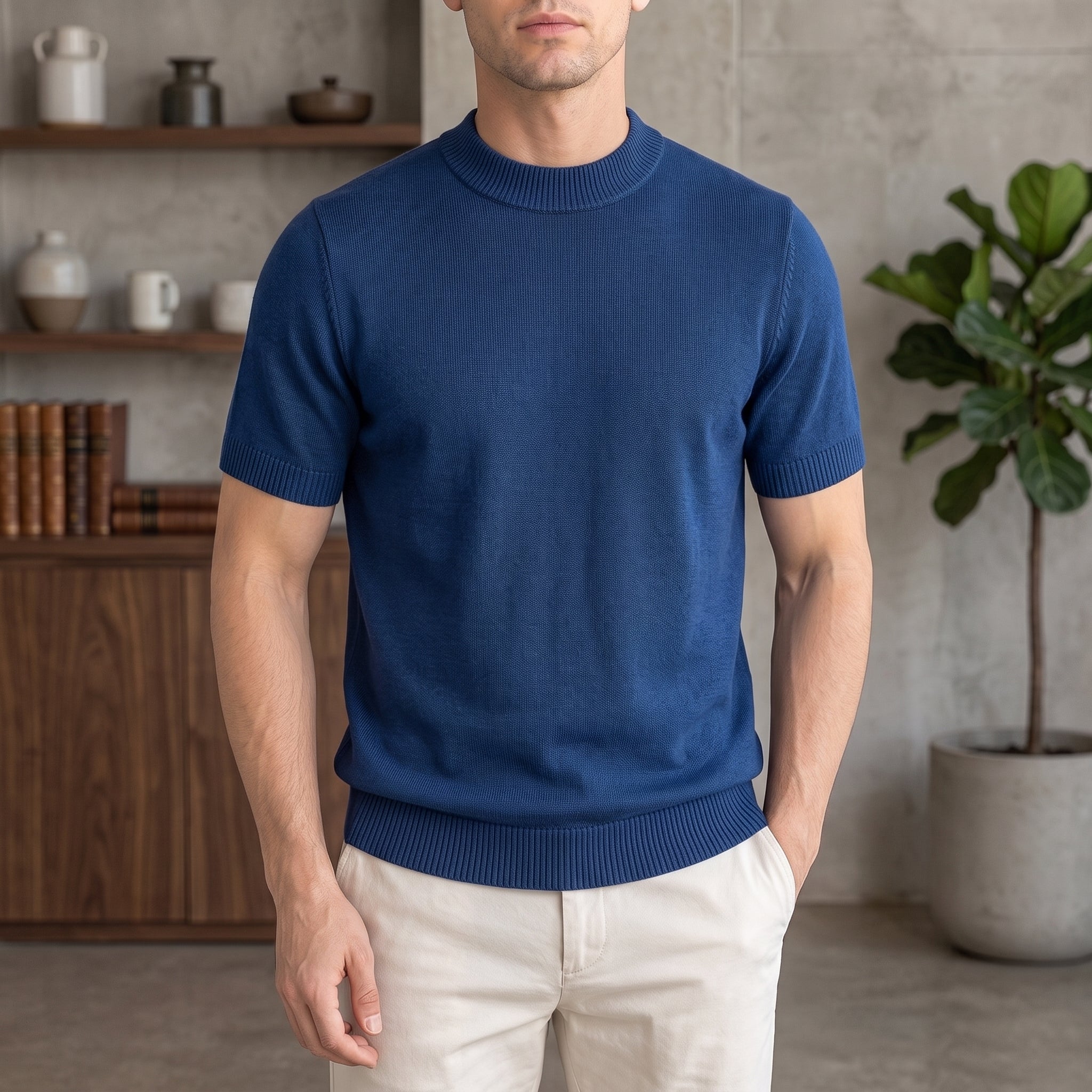 Thomas - Men's Summer Slim Fit Ribbed Mock Neck T-Shirt