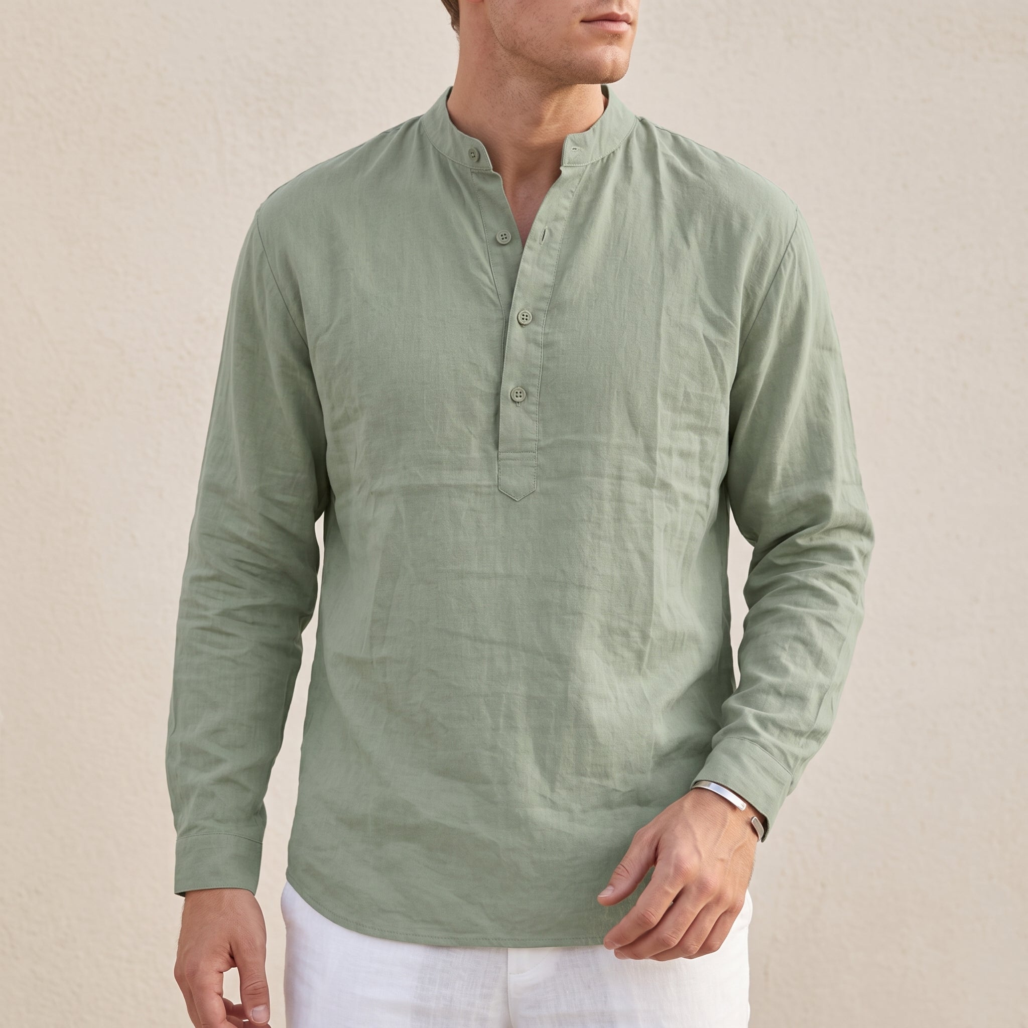 Louis - Men's Casual Grandad Collar Long Sleeve Shirt