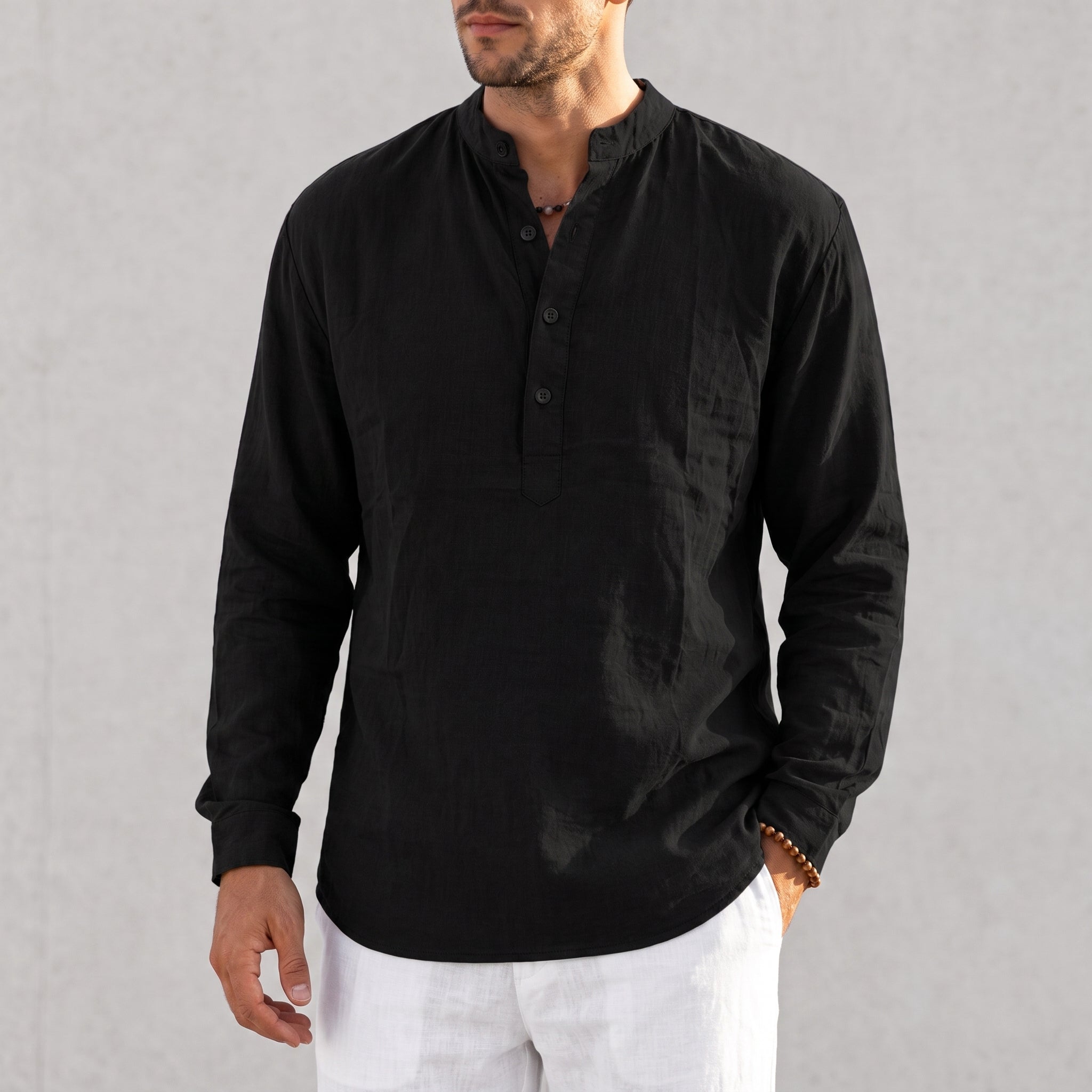 Louis - Men's Casual Grandad Collar Long Sleeve Shirt
