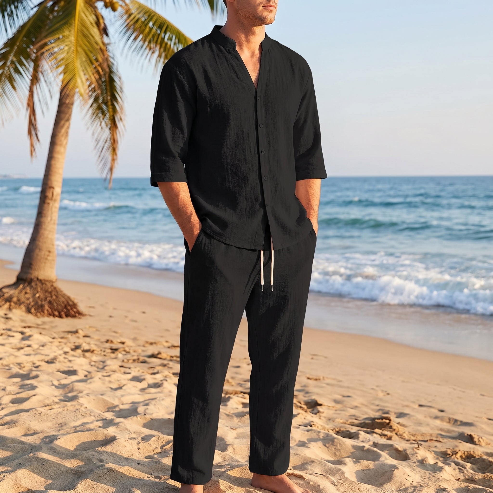 Heinrich – Men's Mandarin Collar Wide-Leg Drawstring Co-ord Set
