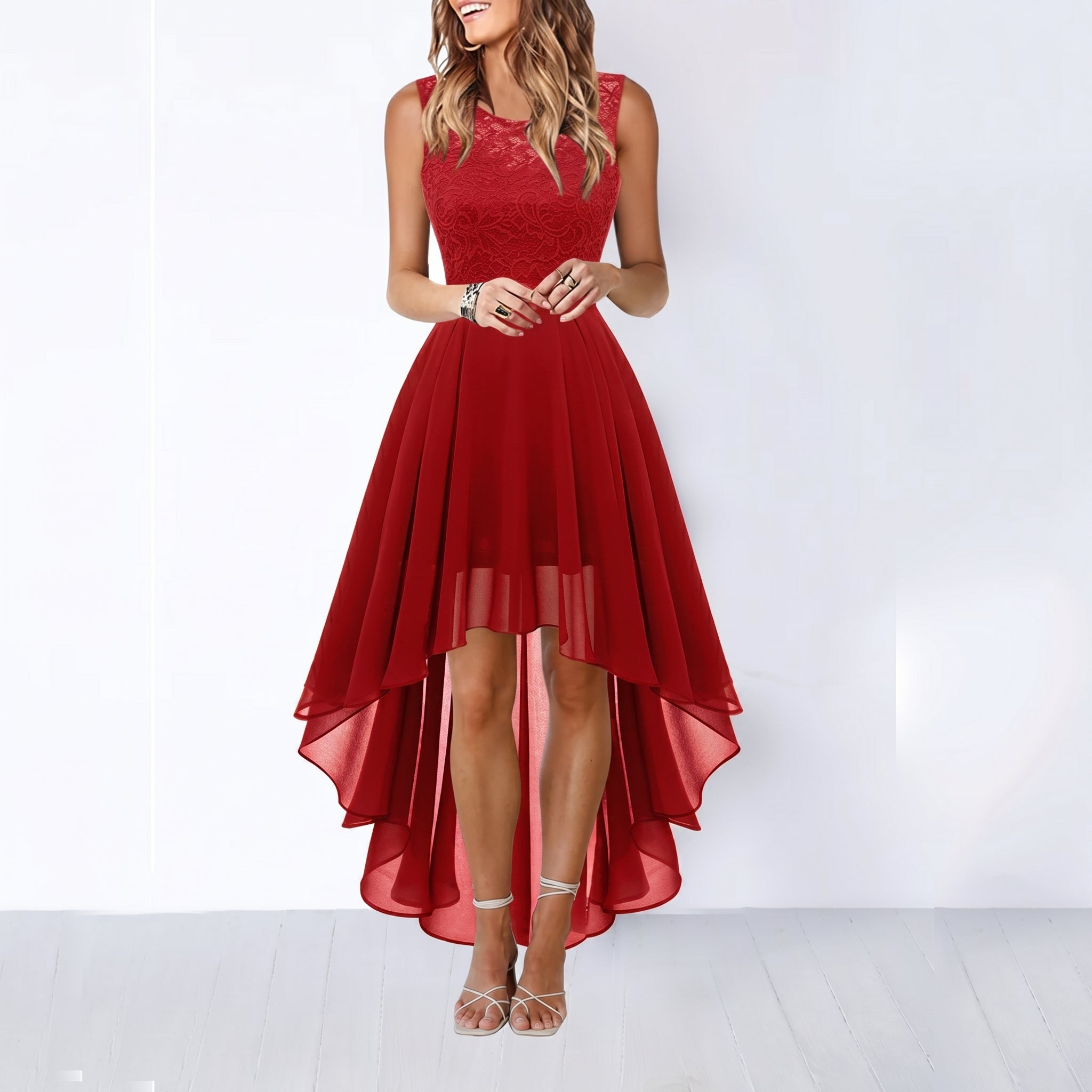 Rosie - Women's Party Lace Bodice Asymmetric Midi Dress