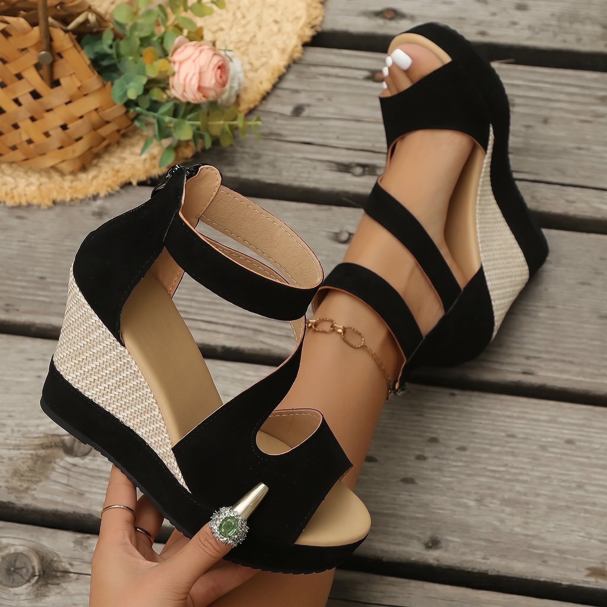Charlotte - Women's High Wedge Sandals with Ankle Zip