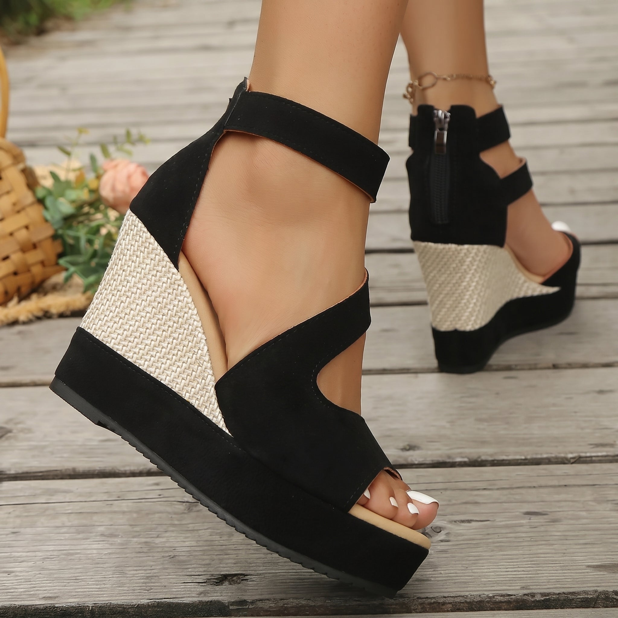 Charlotte - Women's High Wedge Sandals with Ankle Zip