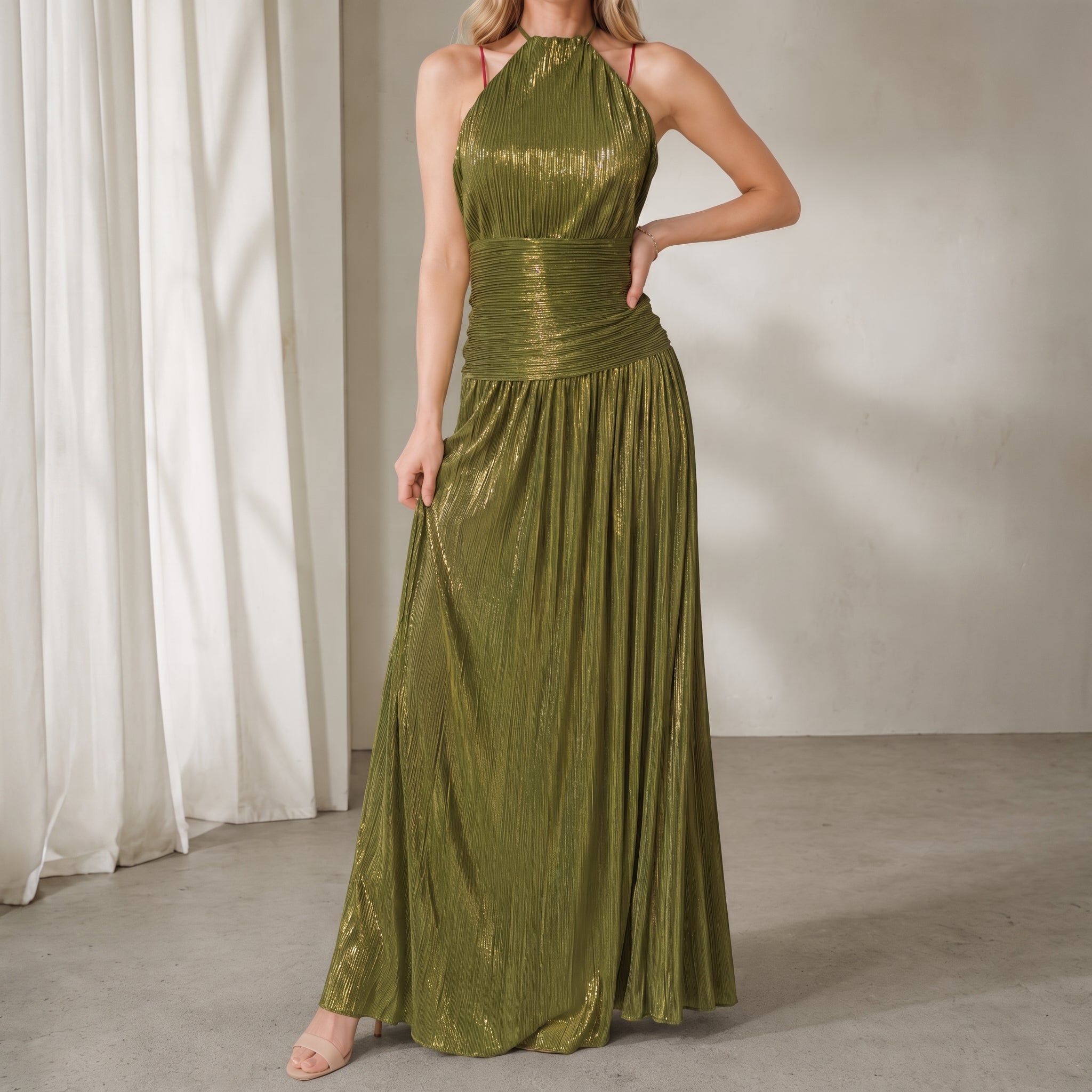 Clara - Women's Evening Metallic Pleated Halter Neck Maxi Dress