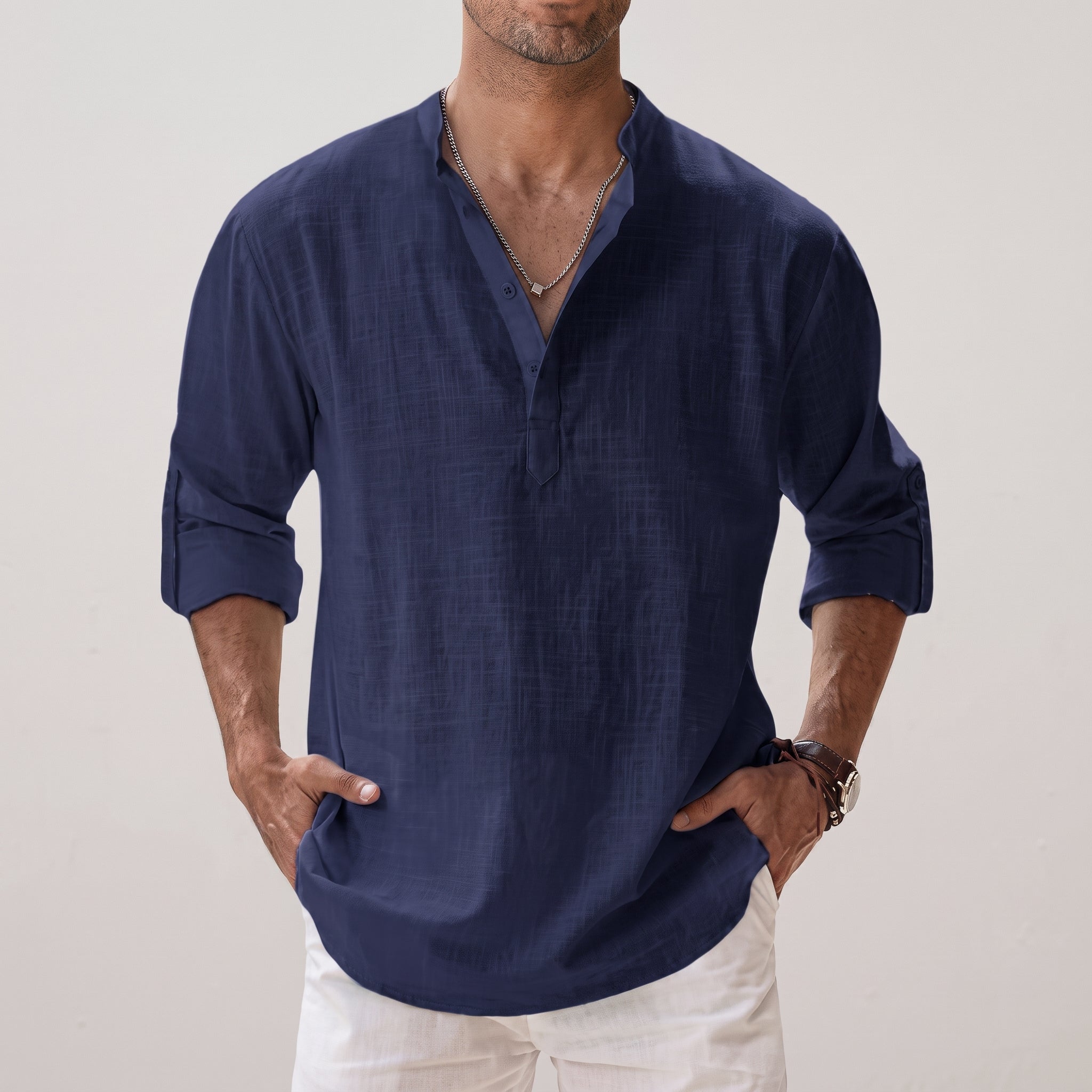 Arthur - Men's Summer Grandad Collar Henley Long Sleeve Shirt