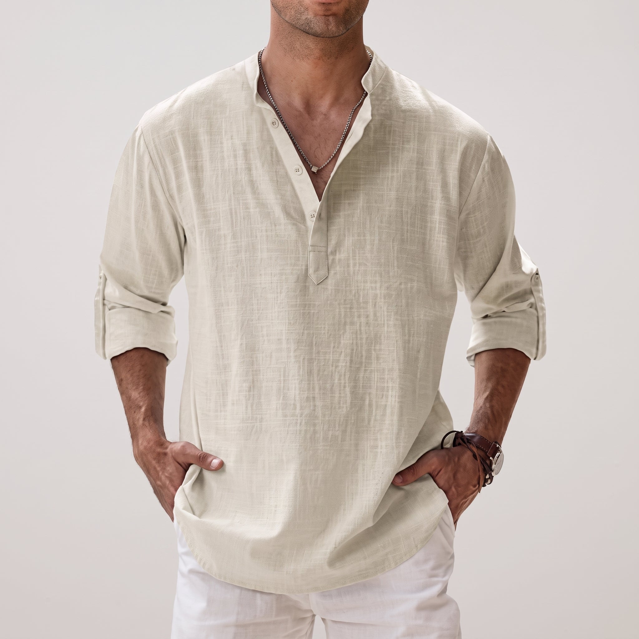 Arthur - Men's Summer Grandad Collar Henley Long Sleeve Shirt