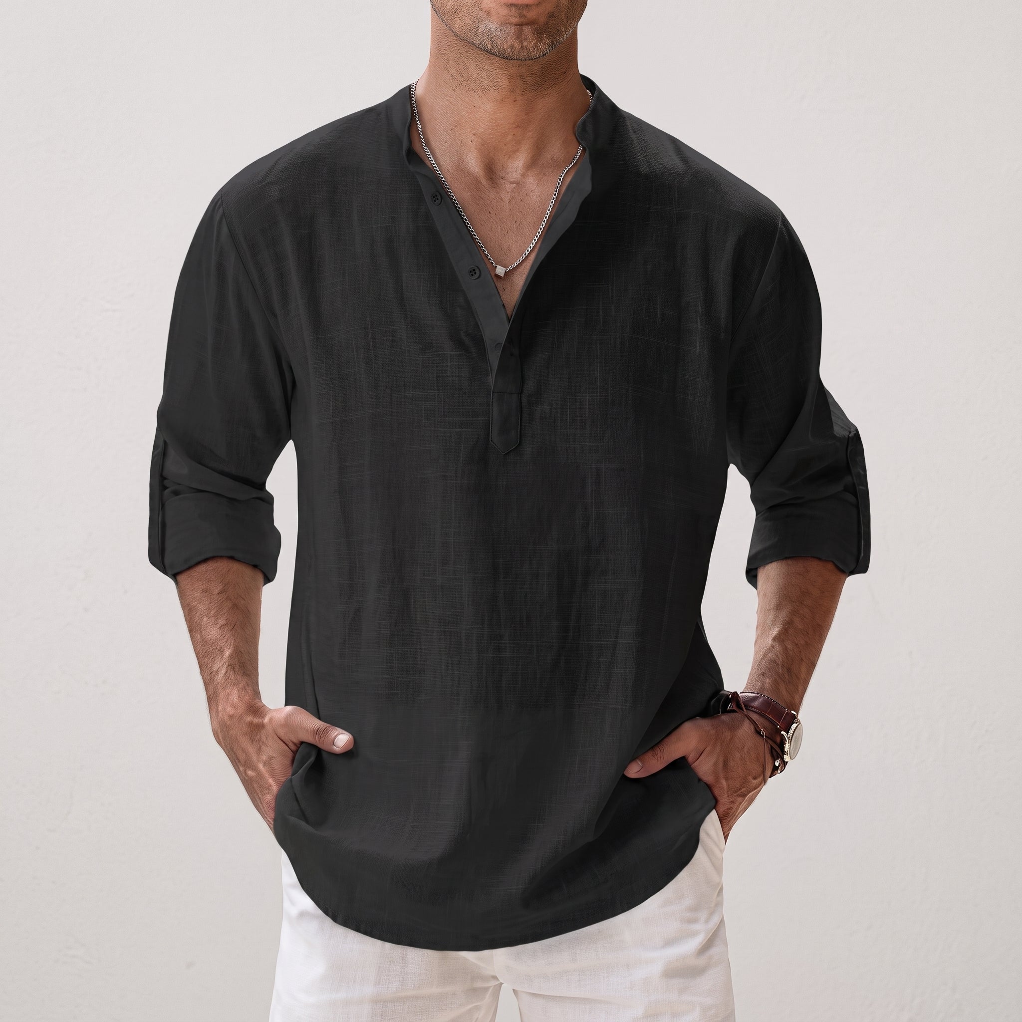 Arthur - Men's Summer Grandad Collar Henley Long Sleeve Shirt