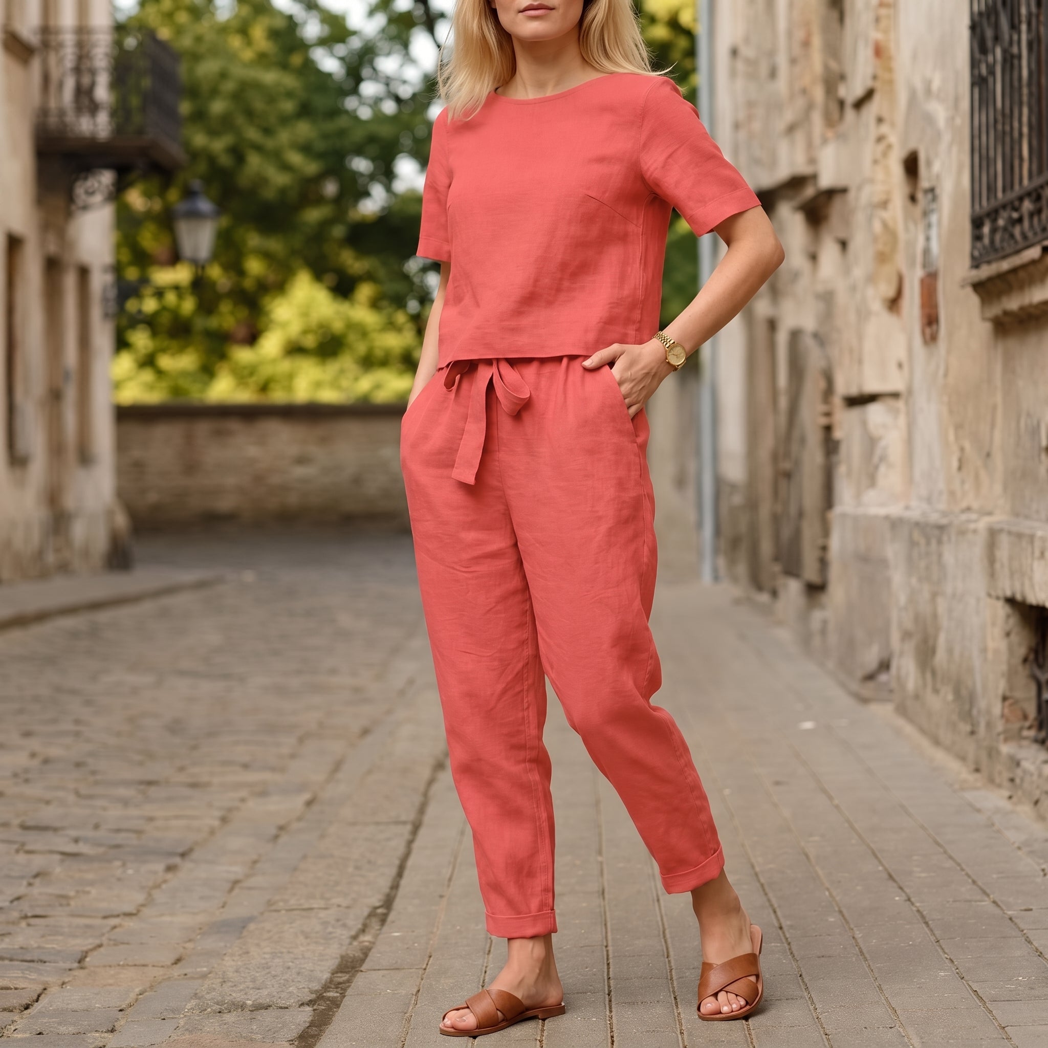 Phoebe - Women's Summer Short Sleeve Straight Leg Co-ord Set