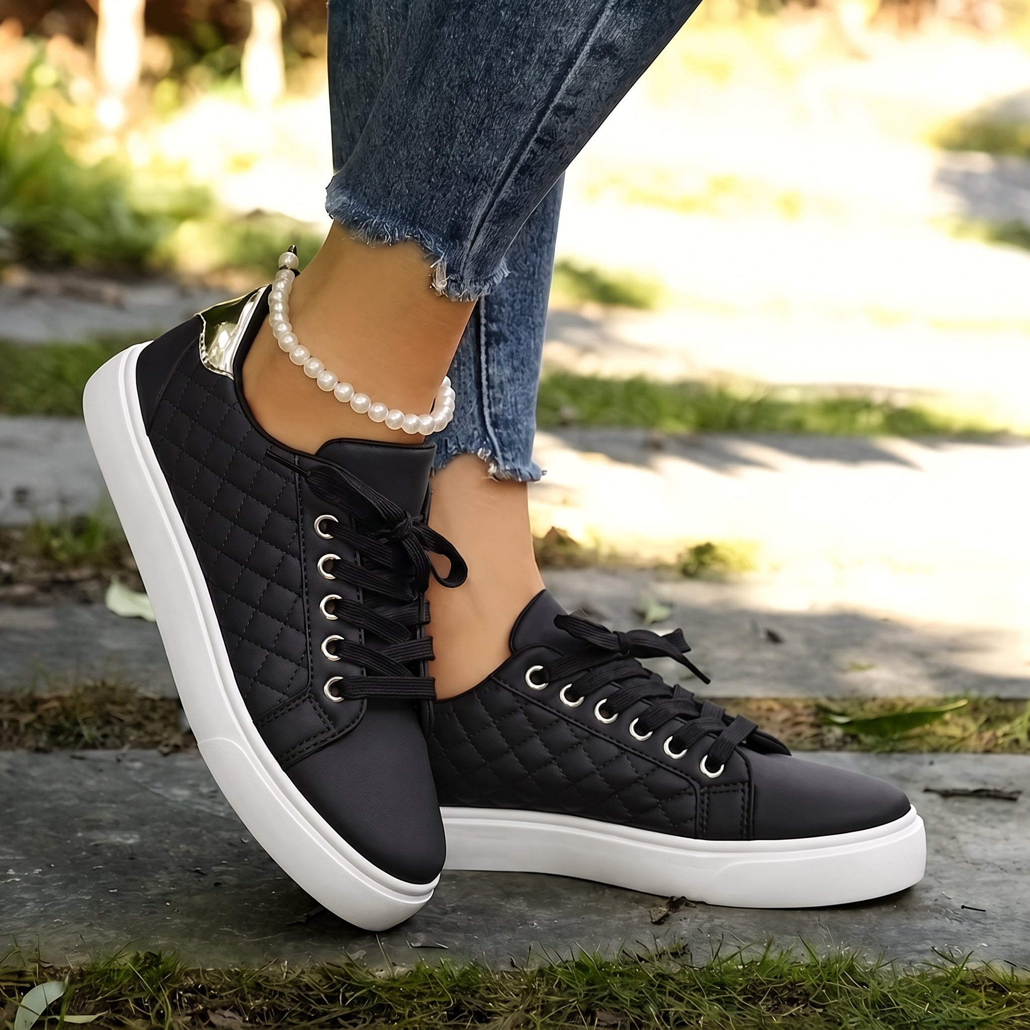 Alice - Women's Orthopaedic Quilted Gold Eyelet Trainers