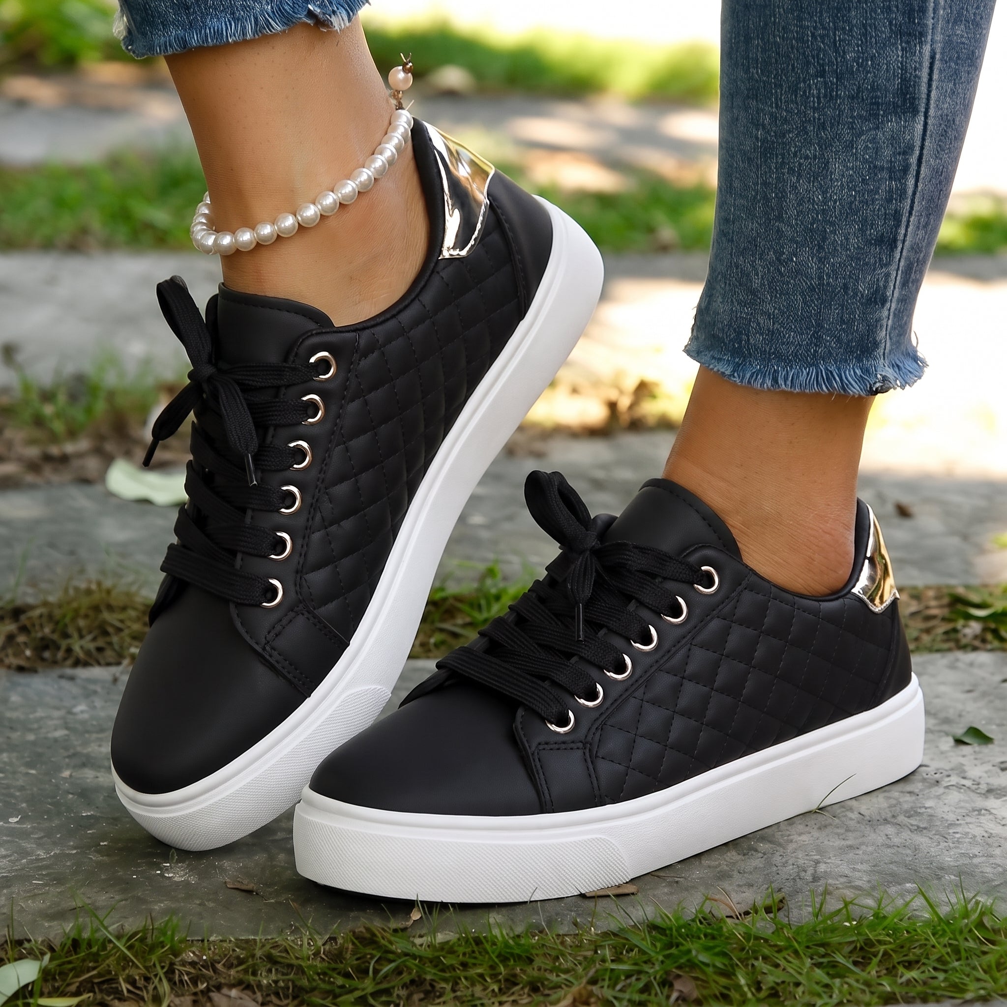 Alice - Women's Orthopaedic Quilted Gold Eyelet Trainers