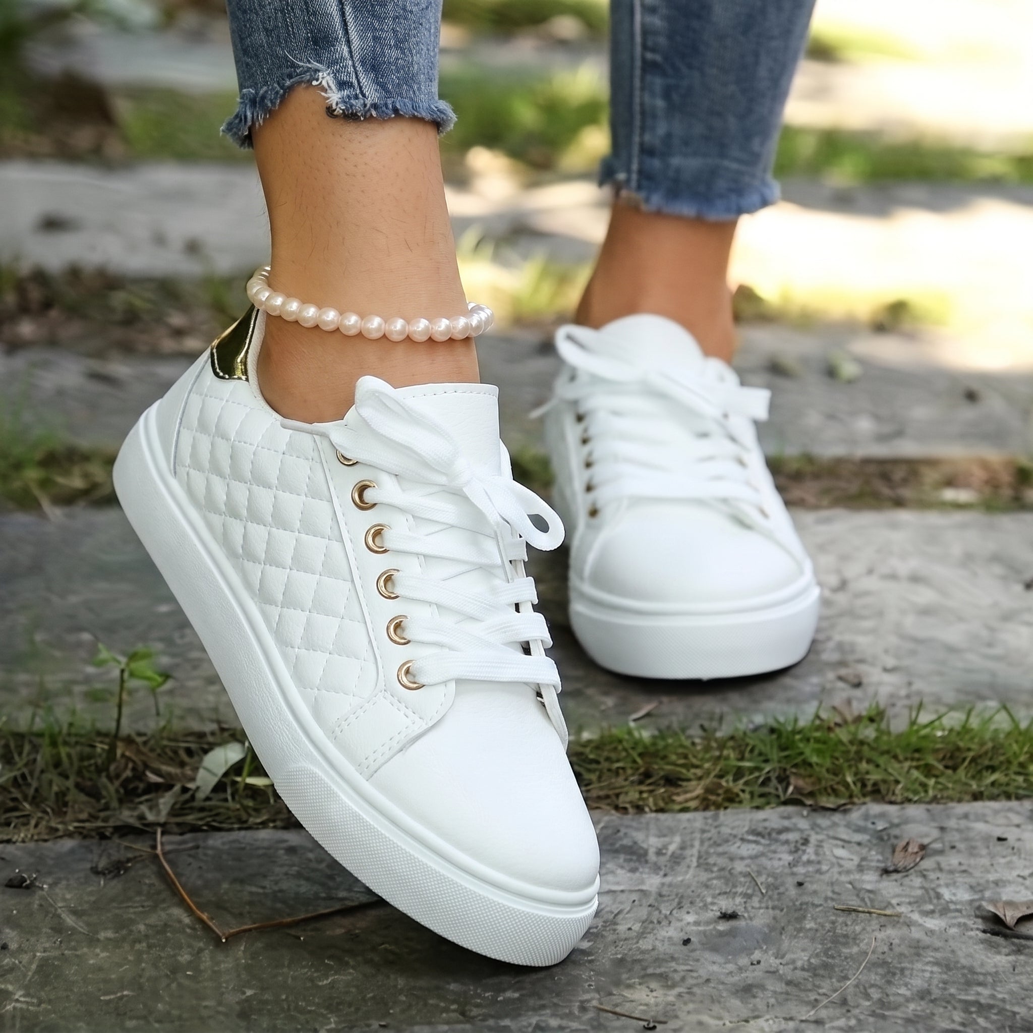 Alice - Women's Orthopaedic Quilted Gold Eyelet Trainers