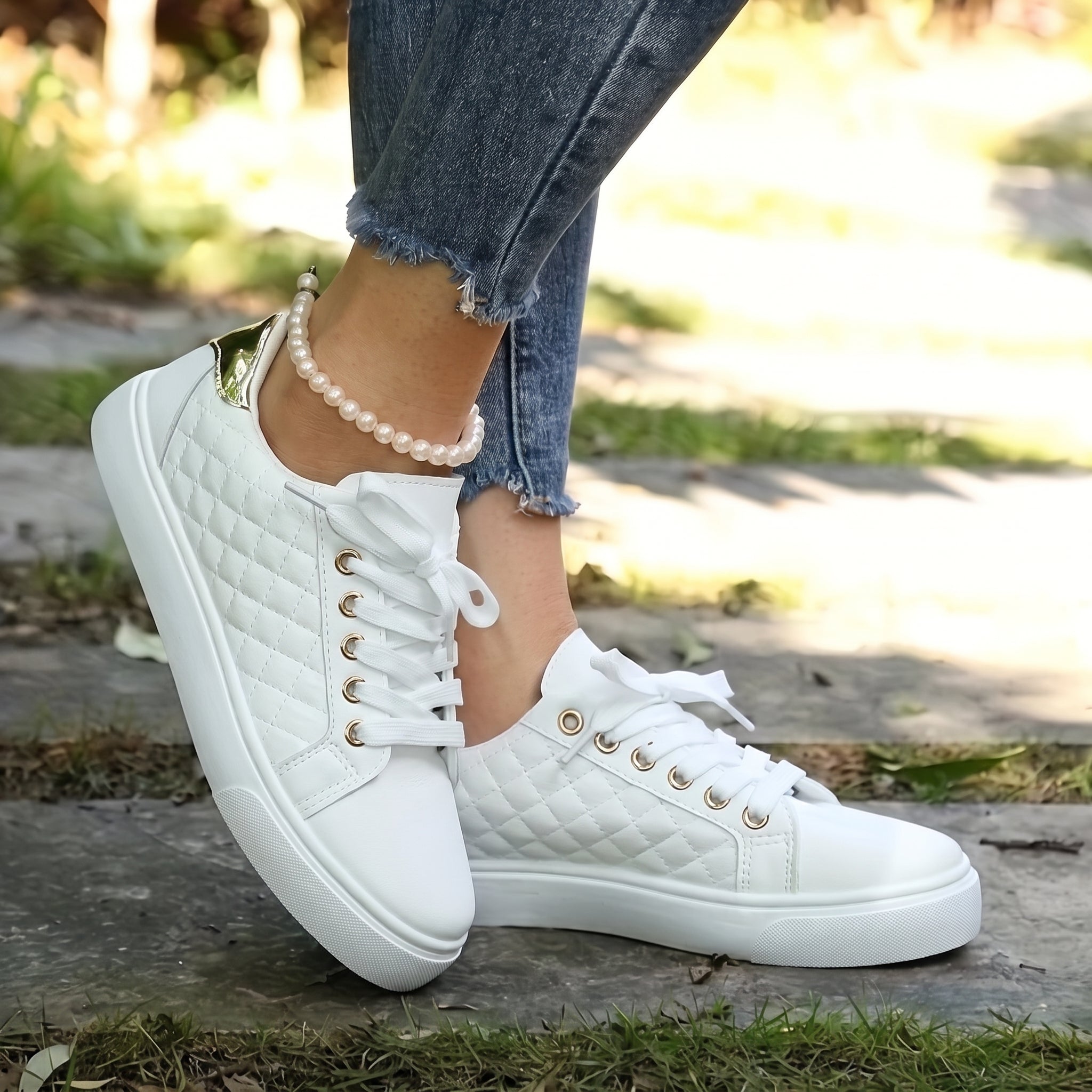 Alice - Women's Orthopaedic Quilted Gold Eyelet Trainers