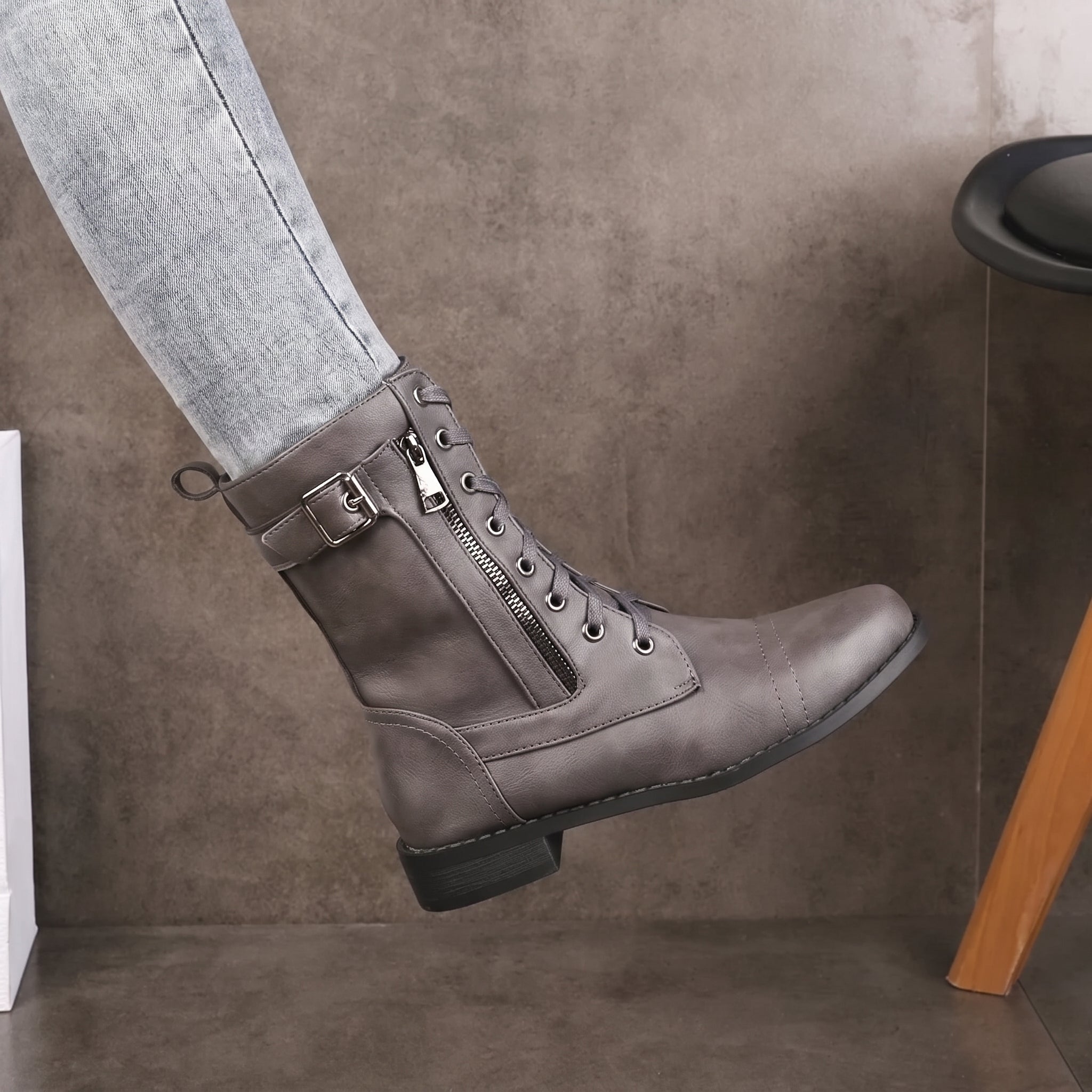 Sophie - Women's Lace-Up Mid-Calf Boots with Buckle Strap
