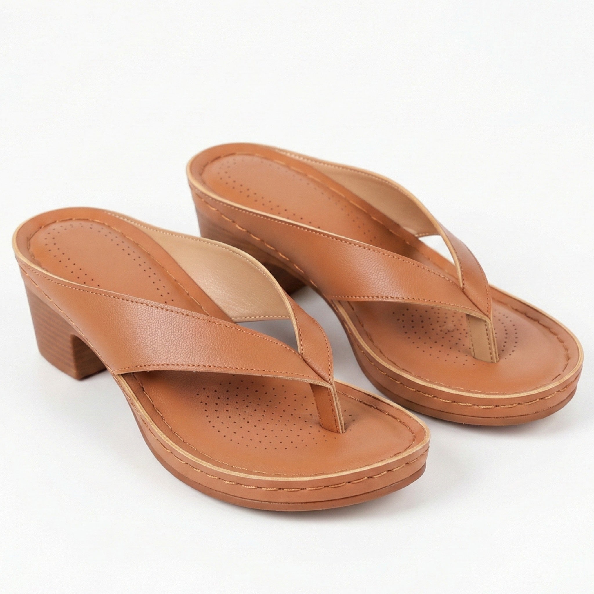 Abigail - Women's Orthopaedic V - Shaped Thong Strap Heeled Sandals - Shoes - Brown - Taylor & Bennett