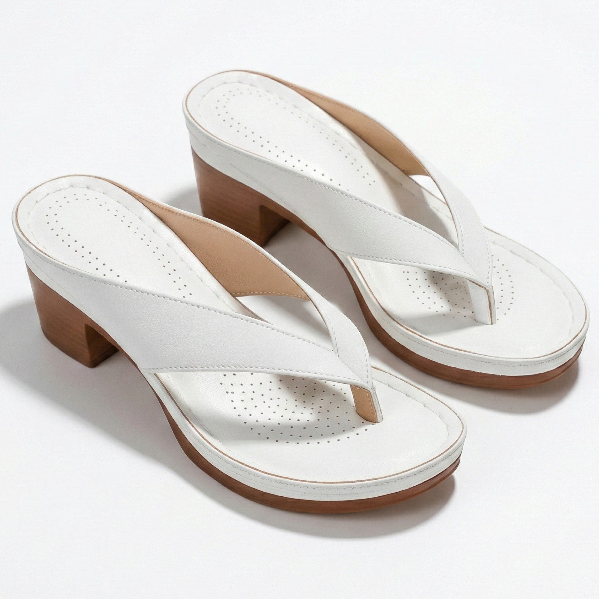 Abigail - Women's Orthopaedic V - Shaped Thong Strap Heeled Sandals - Shoes - White - Taylor & Bennett