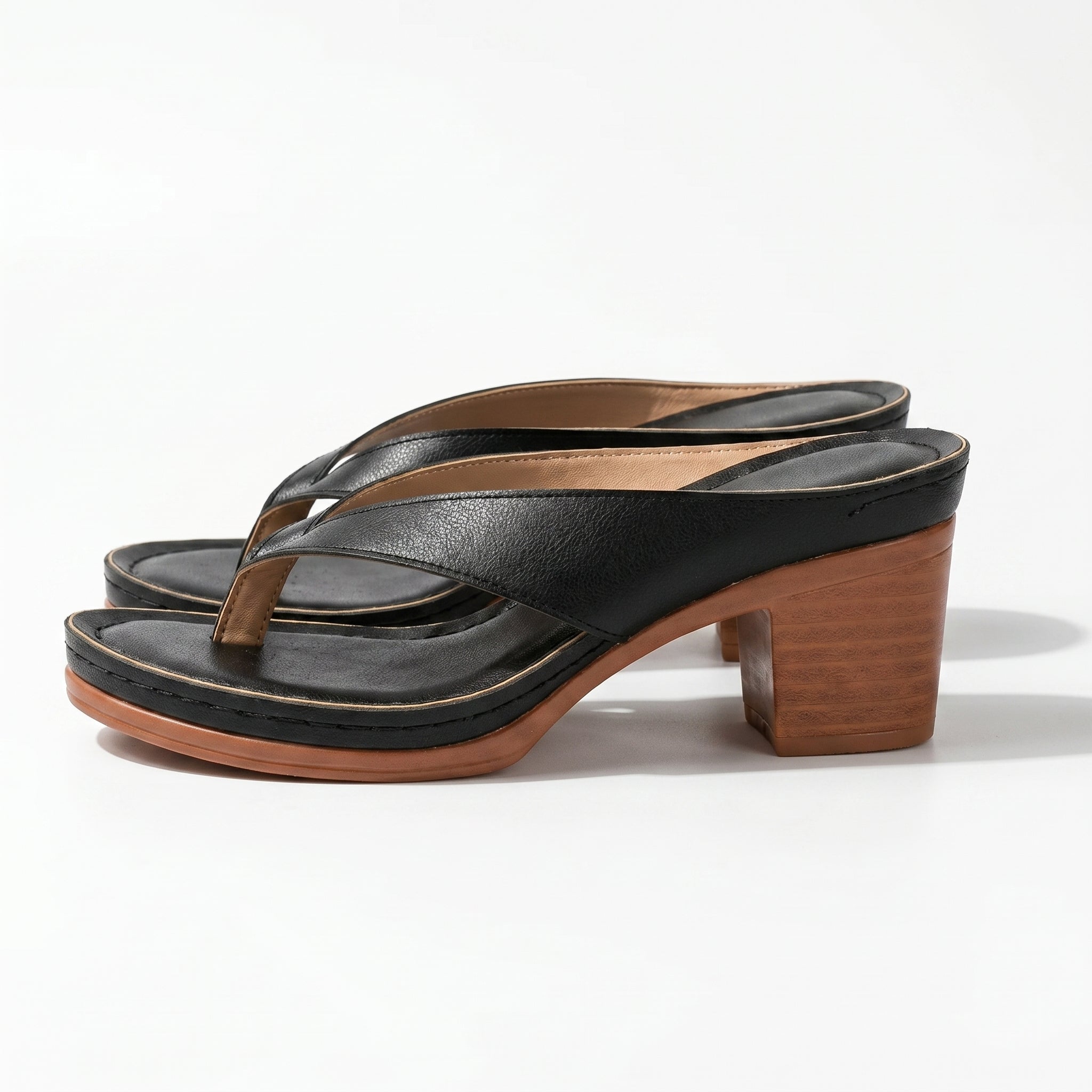 Abigail - Women's Orthopaedic V - Shaped Thong Strap Heeled Sandals - Shoes - Black - Taylor & Bennett