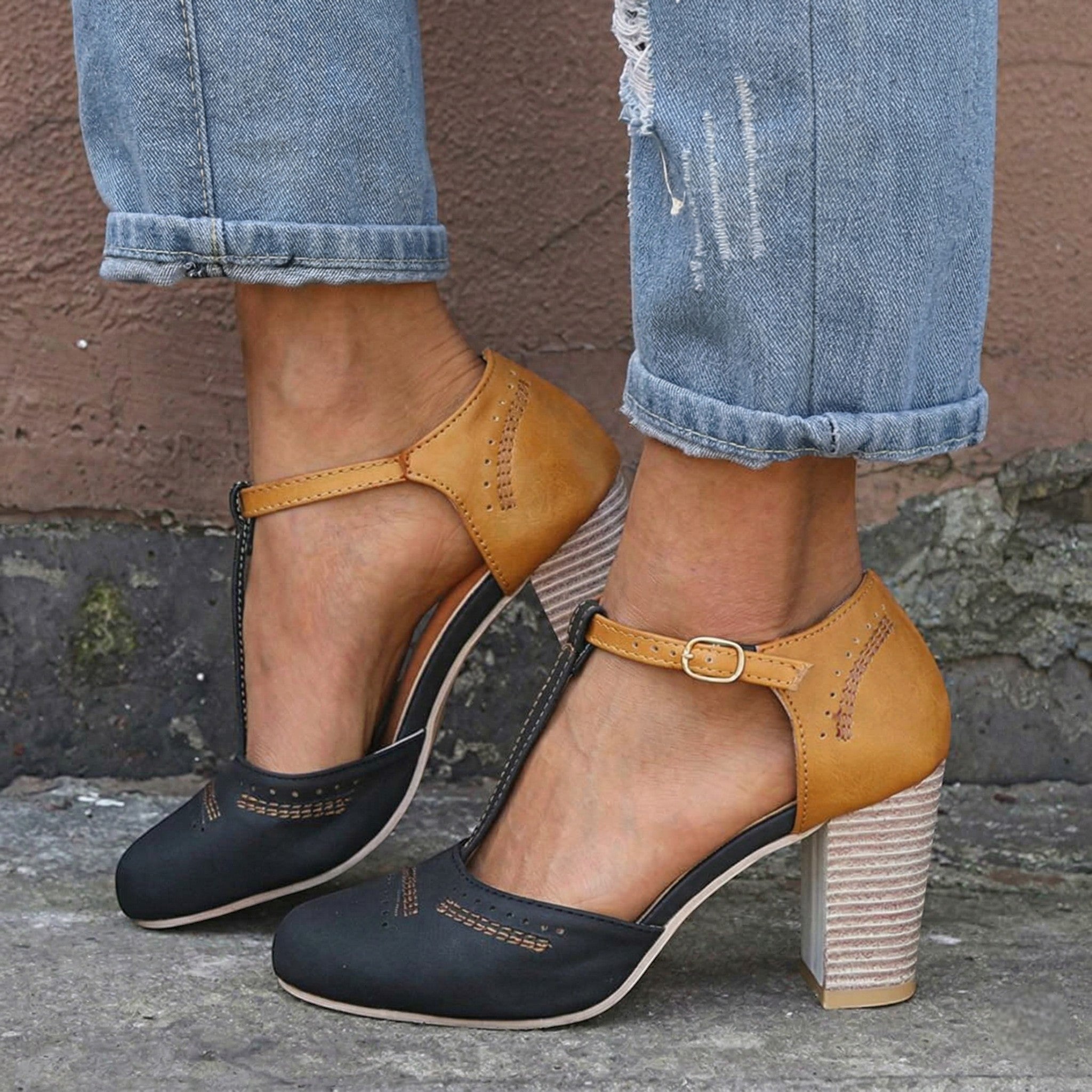 Adrienne - Women's Two Tone Block Heels - Heels - Black - Taylor & Bennett