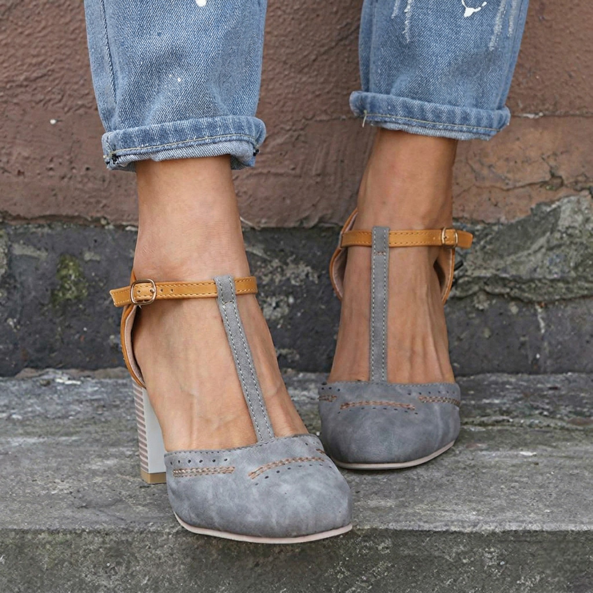 Adrienne - Women's Two Tone Block Heels - Heels - Grey - Taylor & Bennett