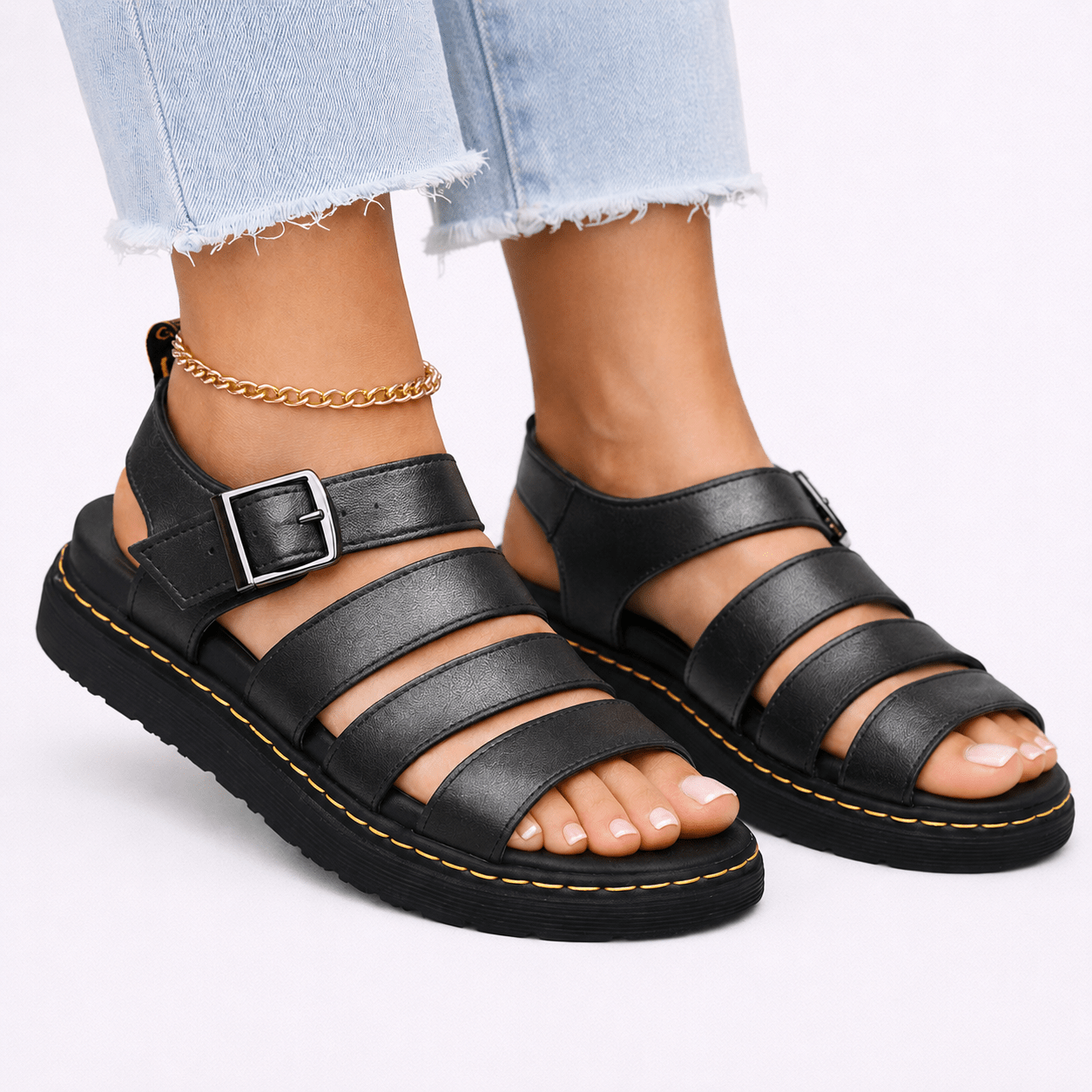 Agnes - Women's Summer Ankle Buckle Multi-Strap Sandals - Sandals - Black - Taylor & Bennett