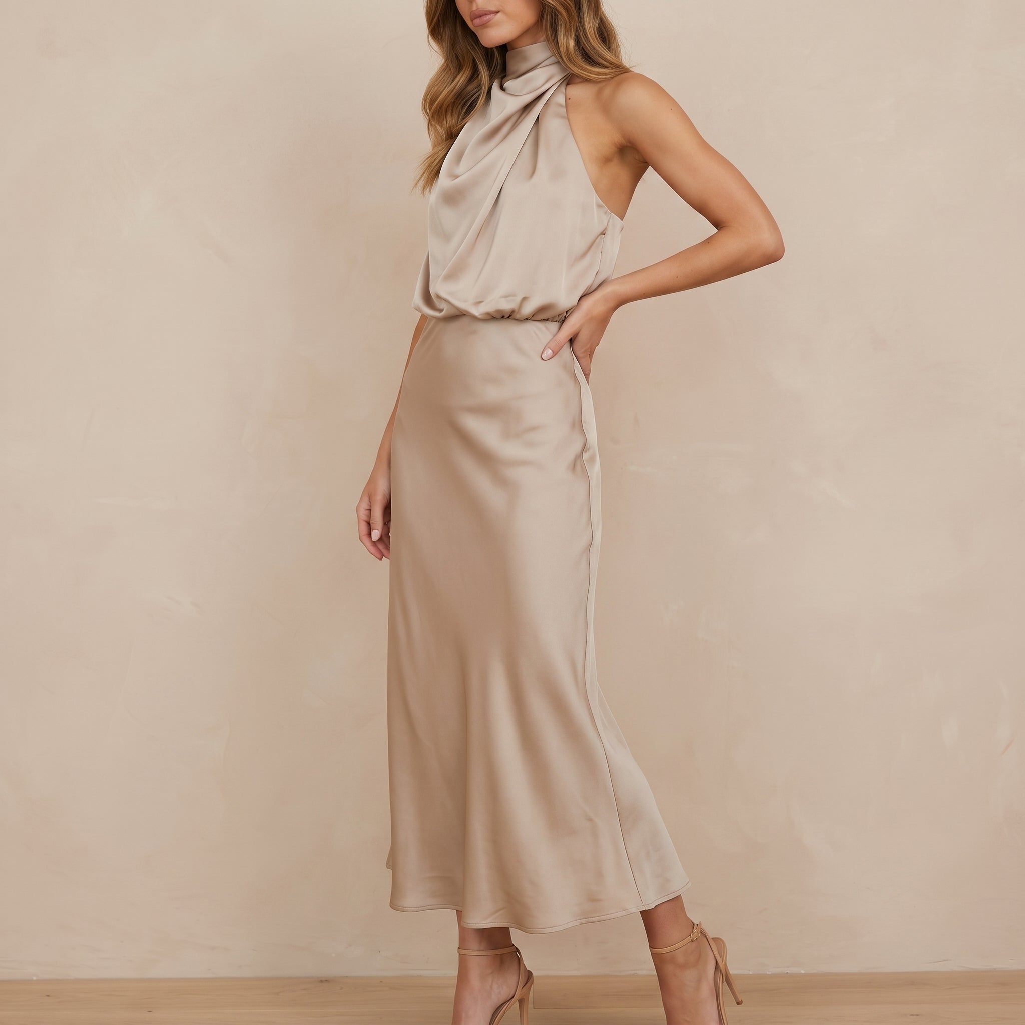 Alfreda - Women's Wedding Guest High Neck Maxi Dress - Dresses - Champagne - Taylor & Bennett