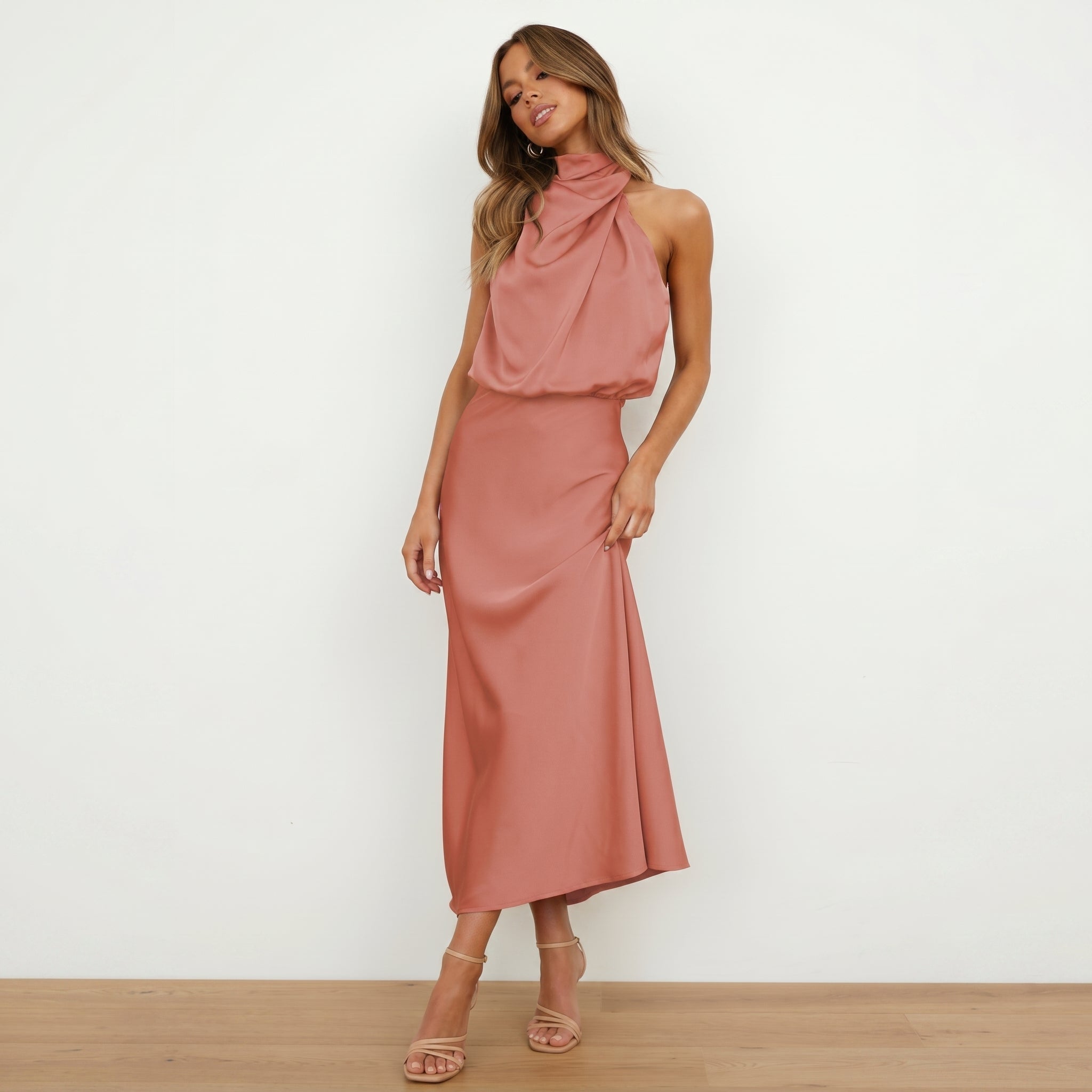 Alfreda - Women's Wedding Guest High Neck Maxi Dress - Dresses - Peach - Taylor & Bennett