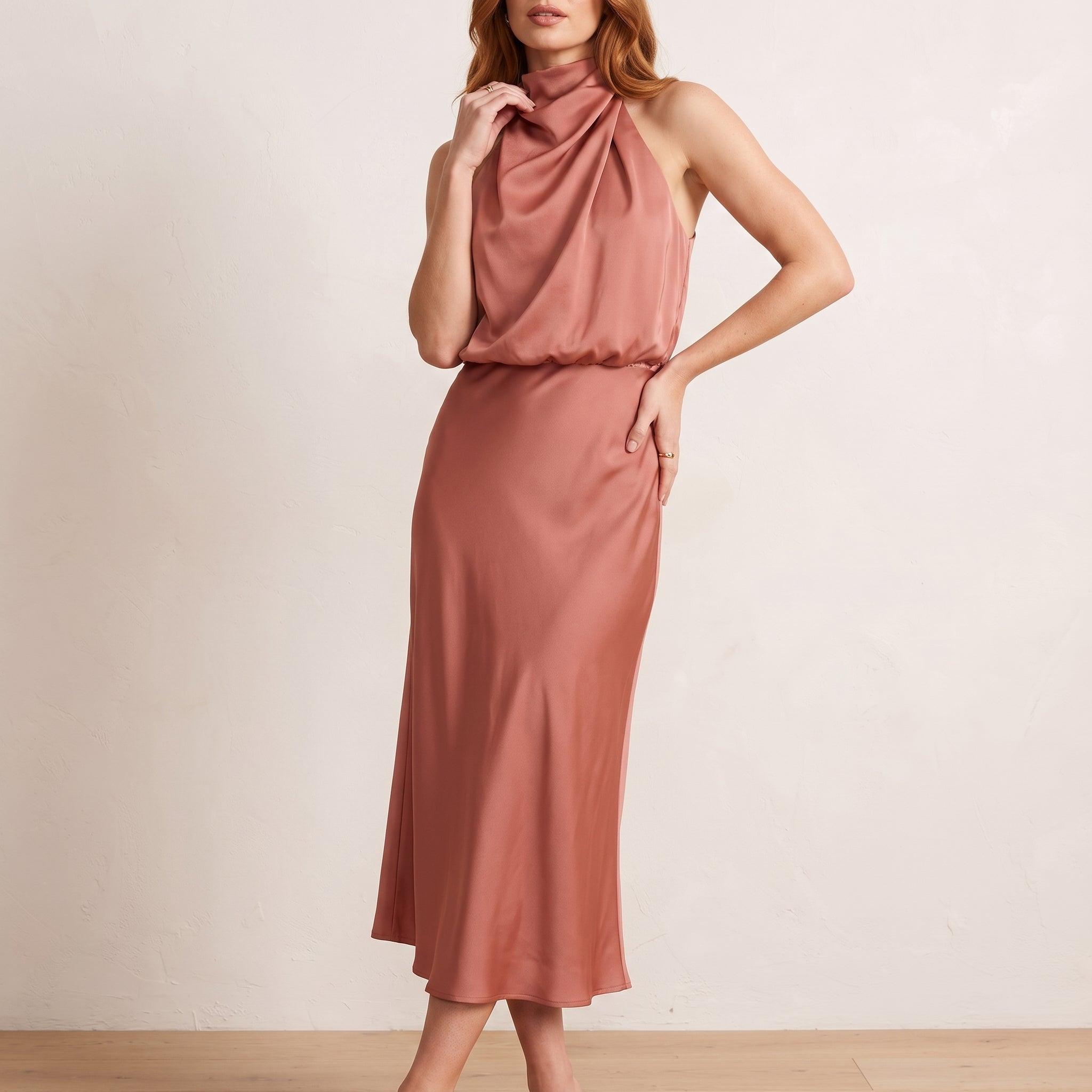 Alfreda - Women's Wedding Guest High Neck Maxi Dress - Dresses - Peach - Taylor & Bennett