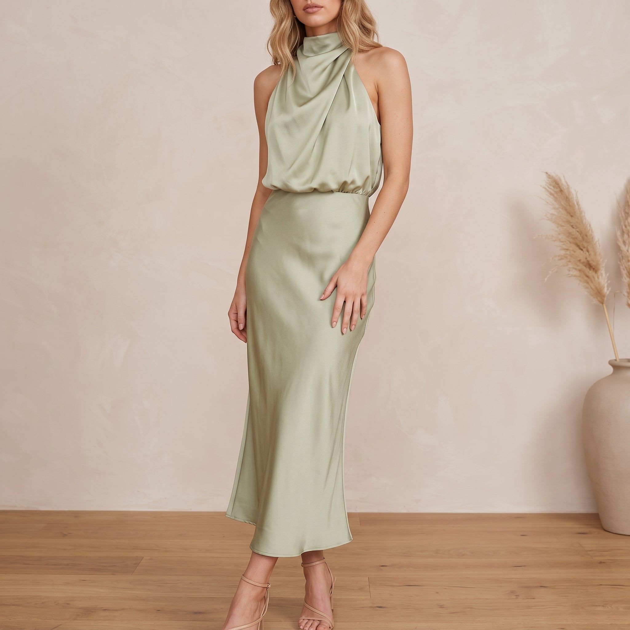 Alfreda - Women's Wedding Guest High Neck Maxi Dress - Dresses - Light Green - Taylor & Bennett