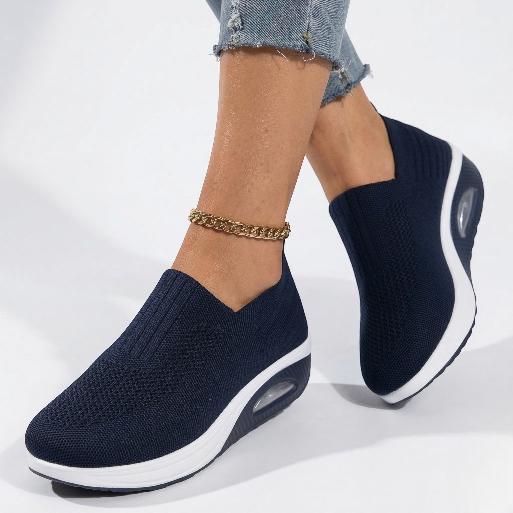Alice - Women's Breathable Slip - On Mesh Wedge Trainers - SHOES - Dark Blue - Taylor & Bennett