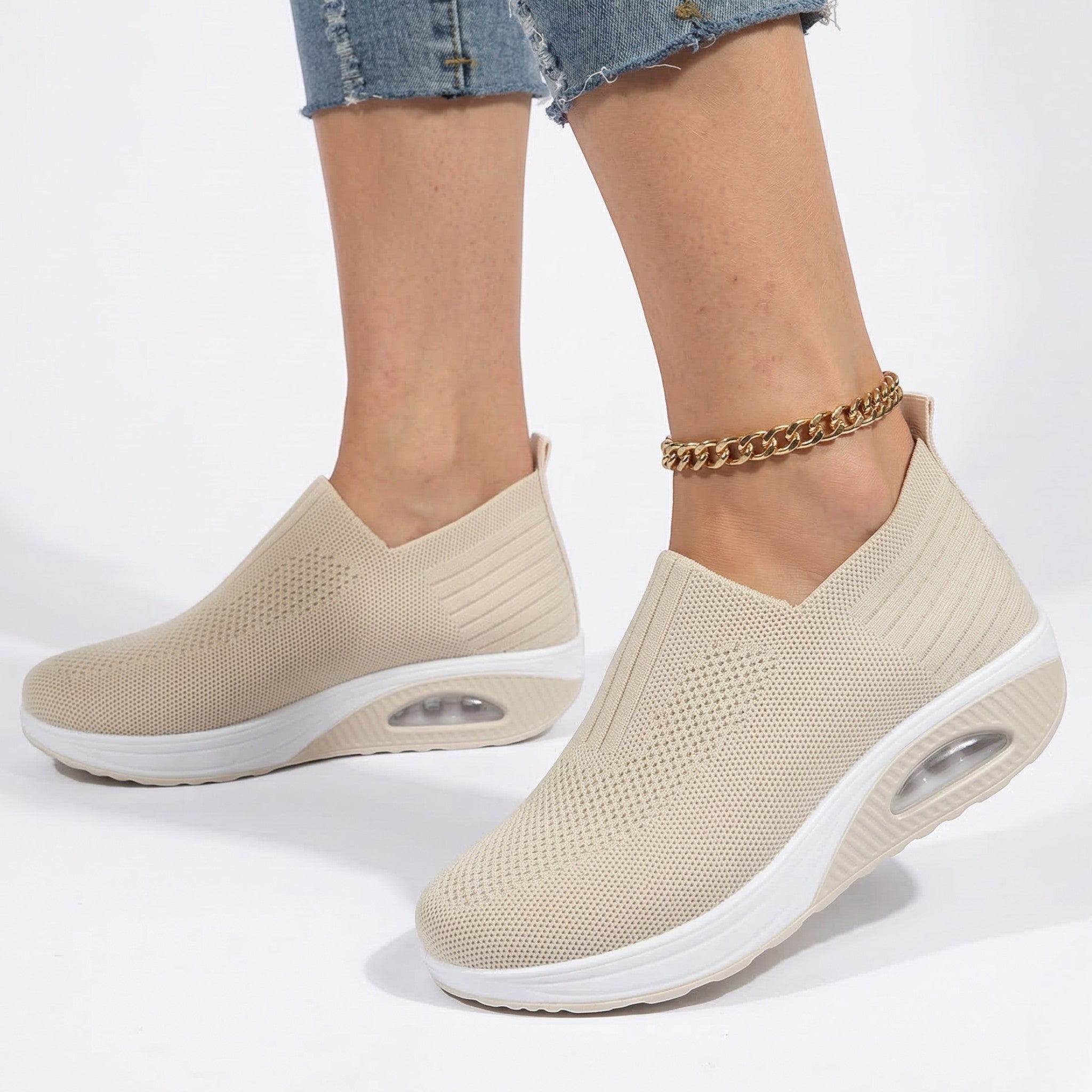 Alice - Women's Breathable Slip - On Mesh Wedge Trainers - SHOES - Beige - Taylor & Bennett