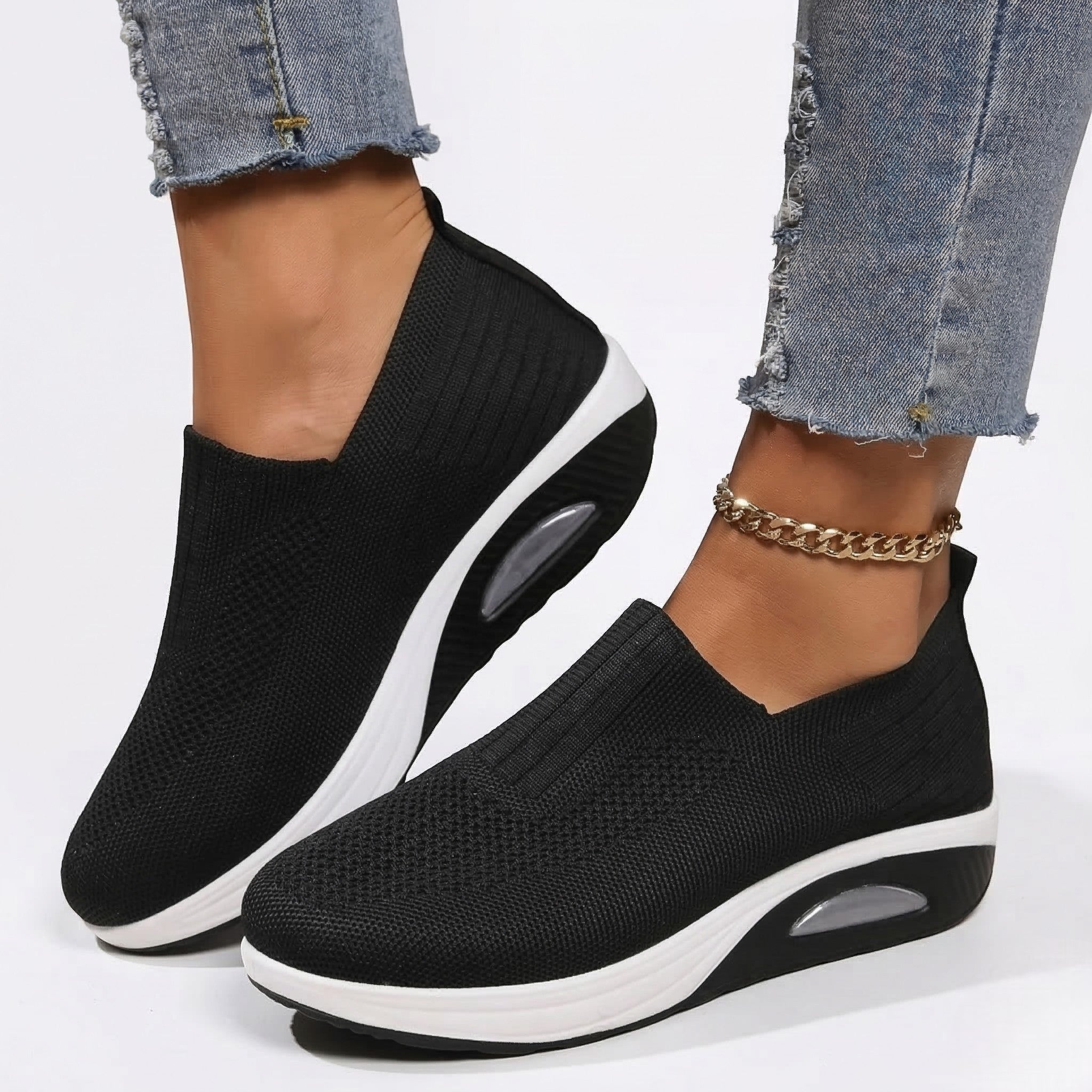 Alice - Women's Breathable Slip - On Mesh Wedge Trainers - SHOES - Black - Taylor & Bennett