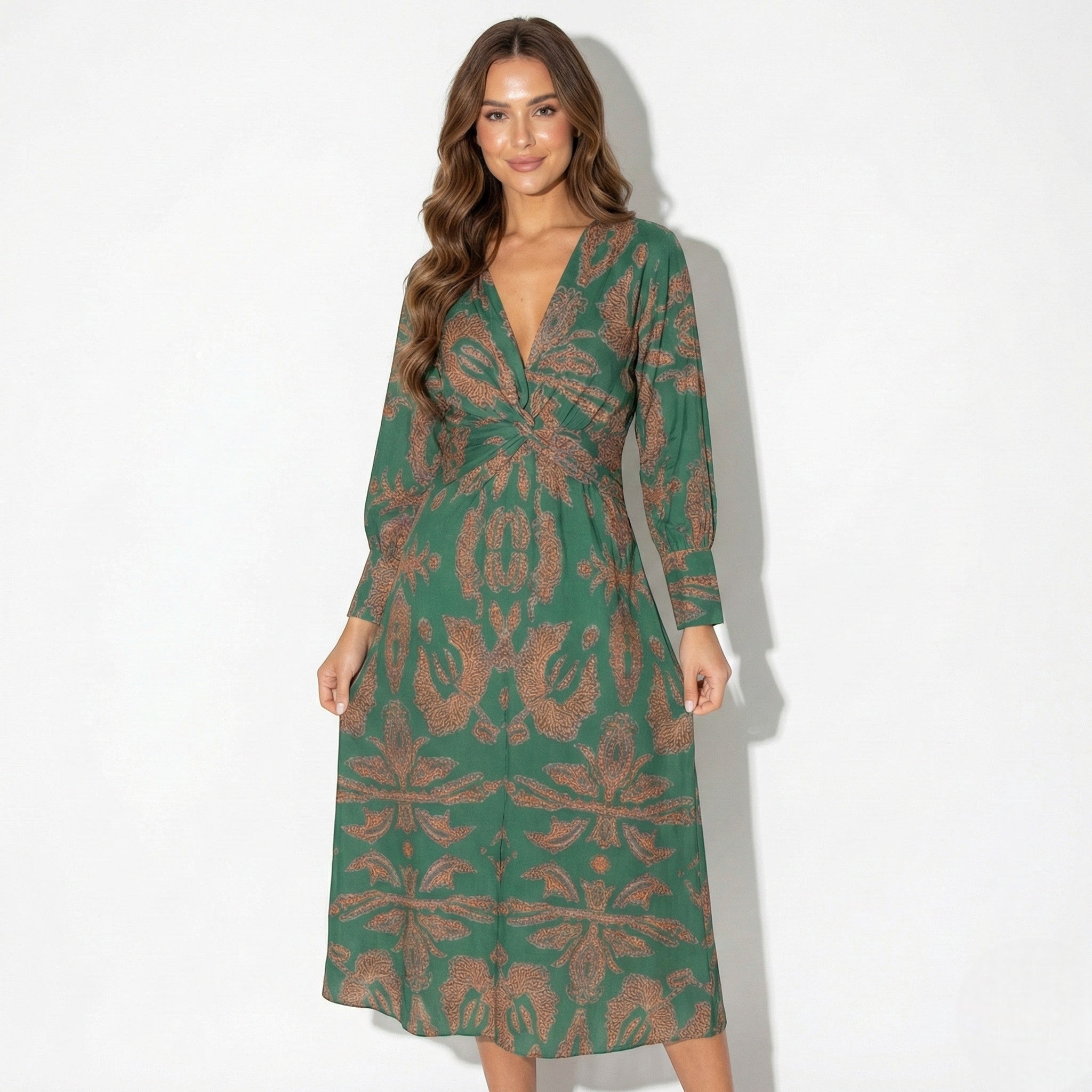 Alice - Women's Long Sleeve V - Neck Boho Maxi Dress - Dress - Green - Taylor & Bennett