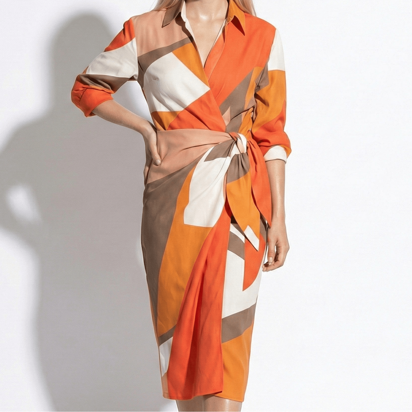 Alice - Women's Long Sleeve Wrap Shirt Dress with Vibrant Stripes - Long dress - Orange - Taylor & Bennett