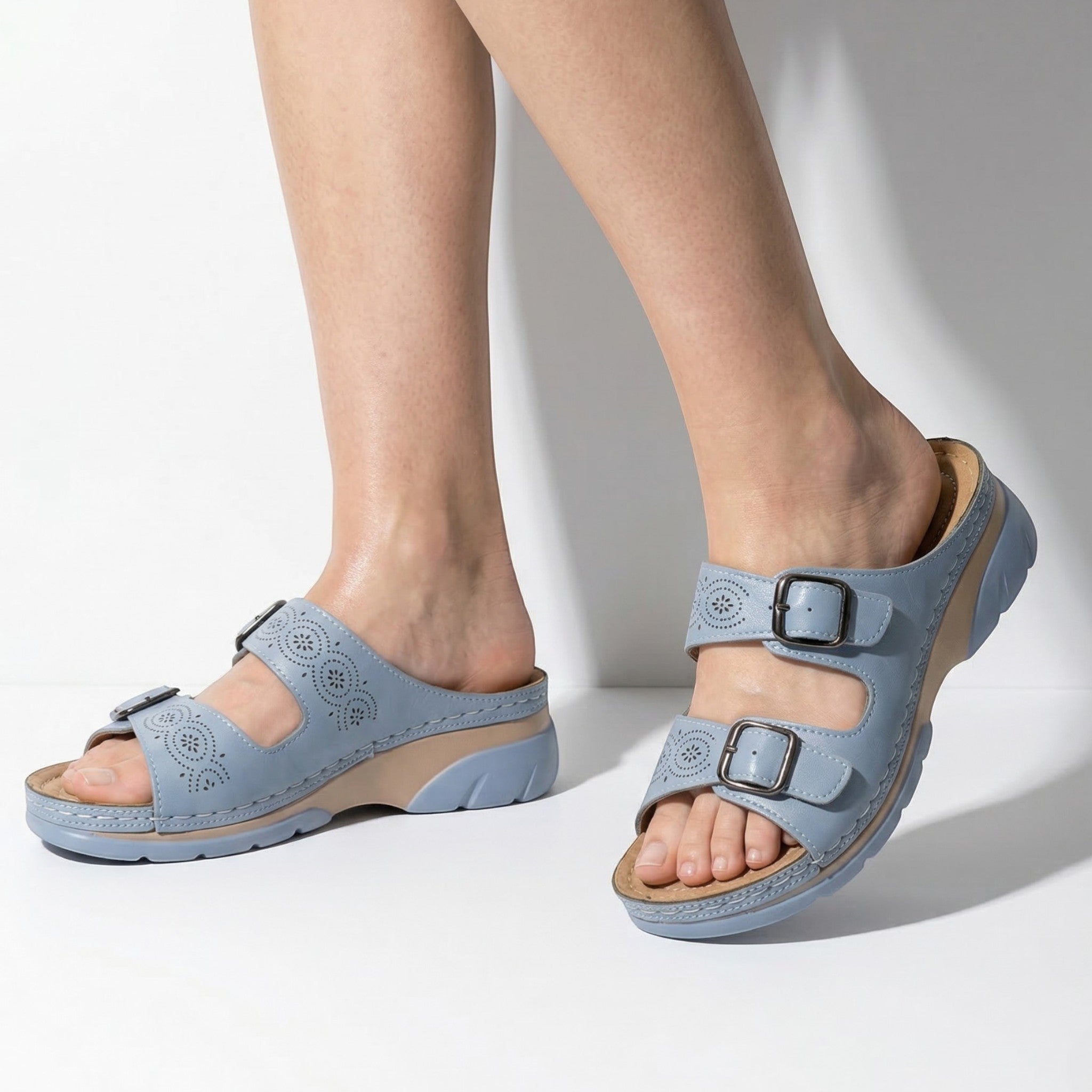 Alice - Women's Open Toe Sandals with Adjustable Buckles - Sandals - Light Blue - Taylor & Bennett
