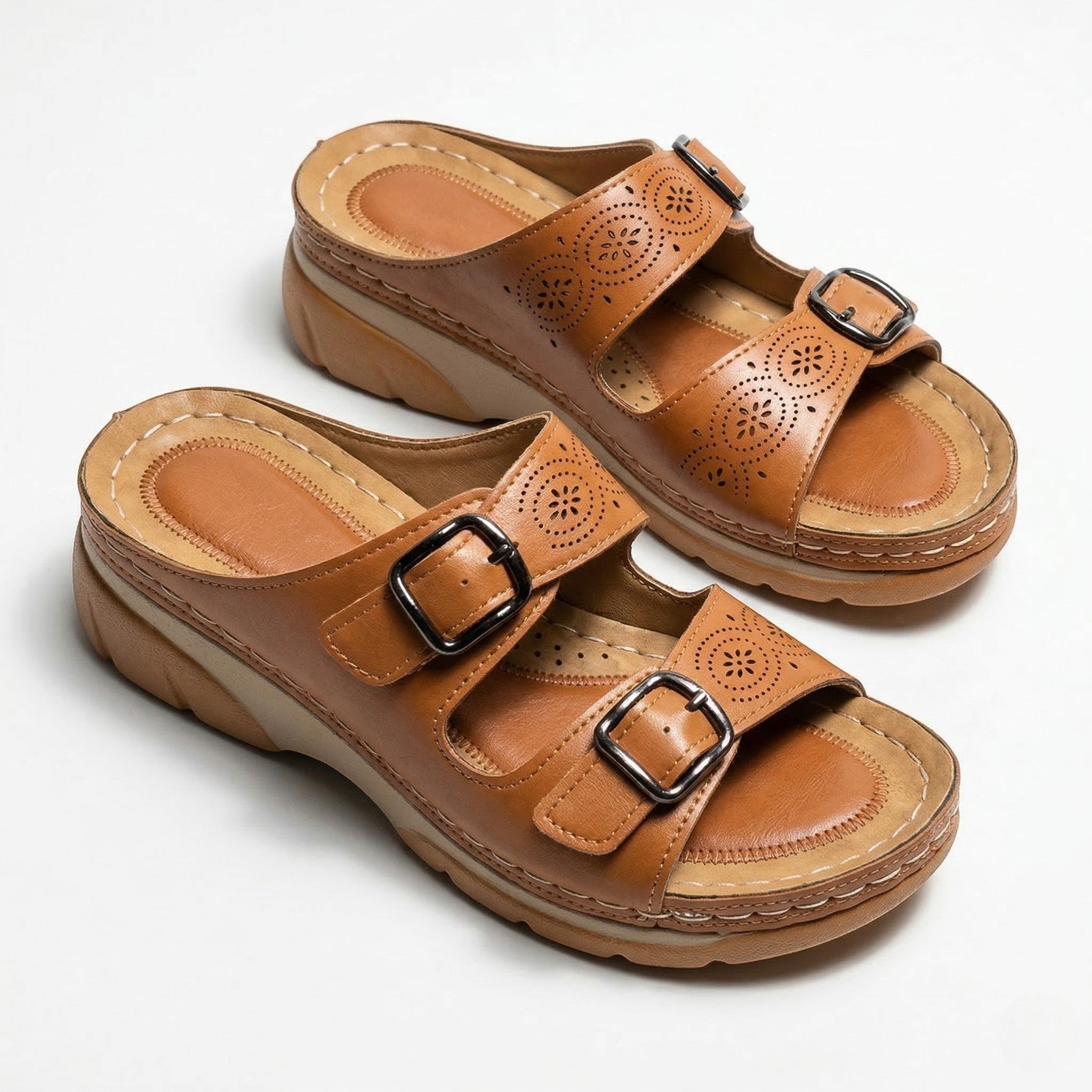 Alice - Women's Open Toe Sandals with Adjustable Buckles - Sandals - Brown - Taylor & Bennett