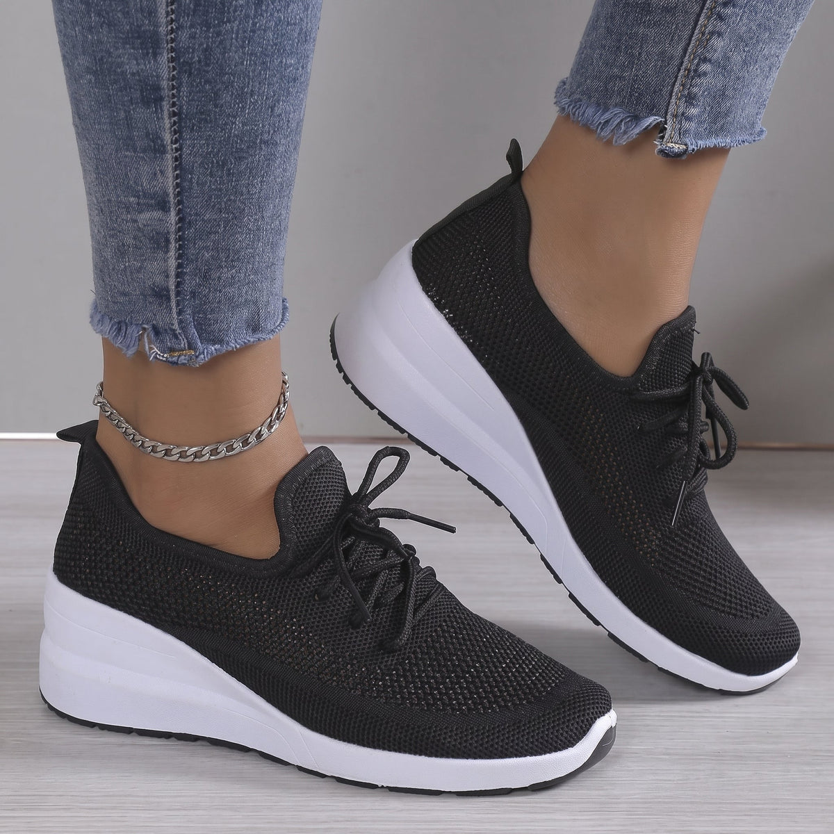 Alice - Women's Orthopaedic Breathable Lace-Up Wedge Trainers - Sneakers - Black - Taylor & Bennett