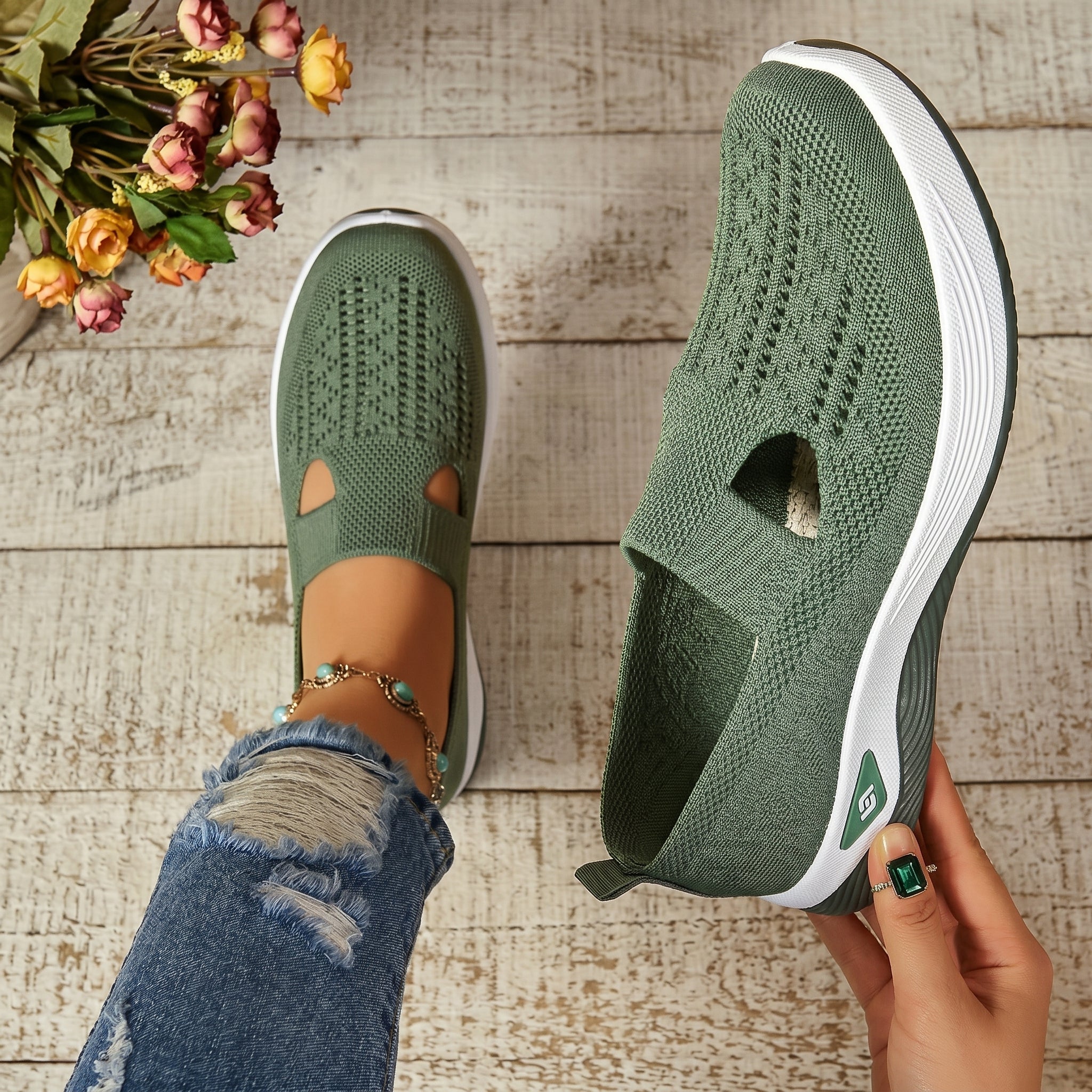 Alice - Women's Orthopaedic Breathable Slip-On Trainers - Orthopaedic Shoes - Green - Taylor & Bennett