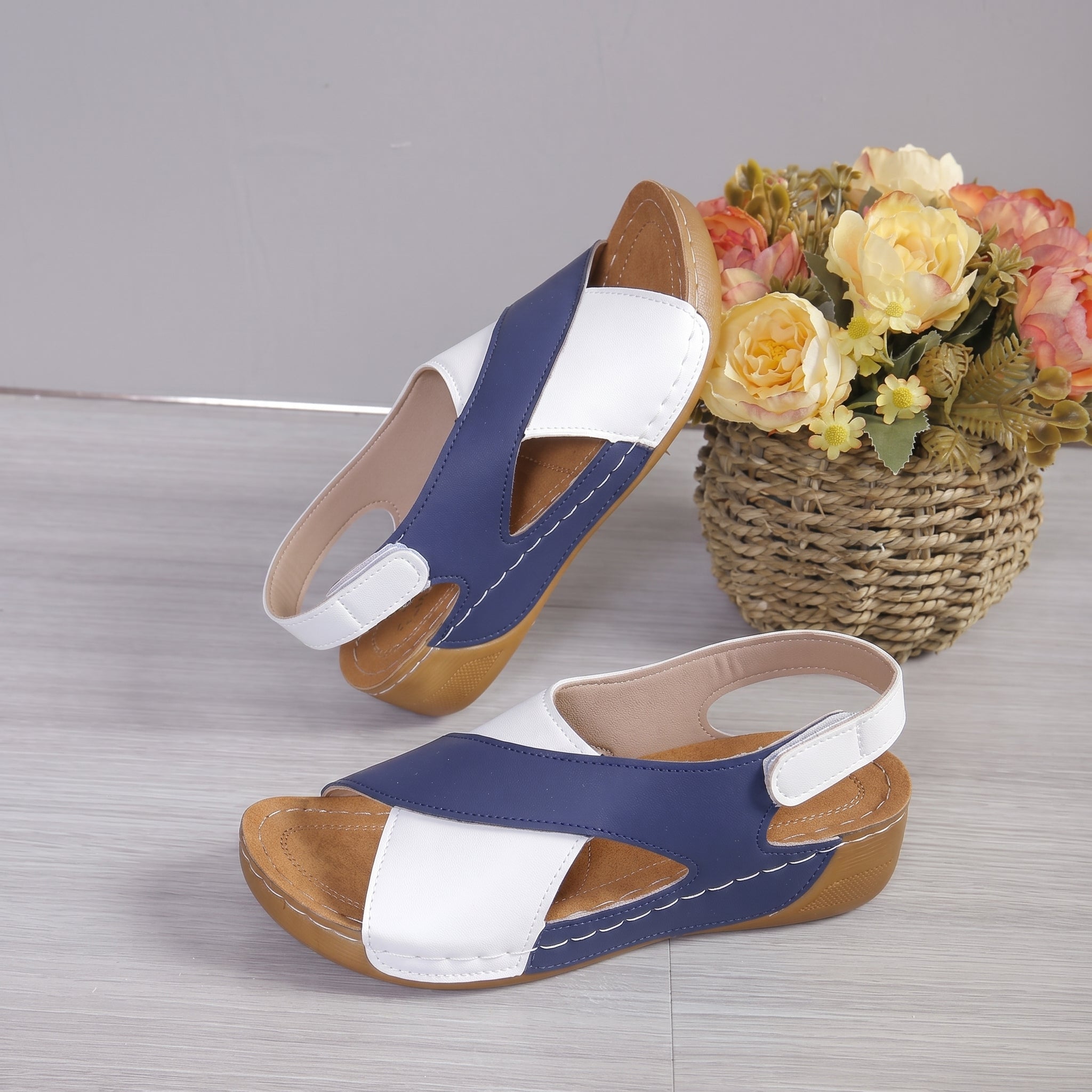 Alice - Women's Orthopaedic Cut-Out Wedge Sandals with Velcro Strap - Sandals - Blue - Taylor & Bennett