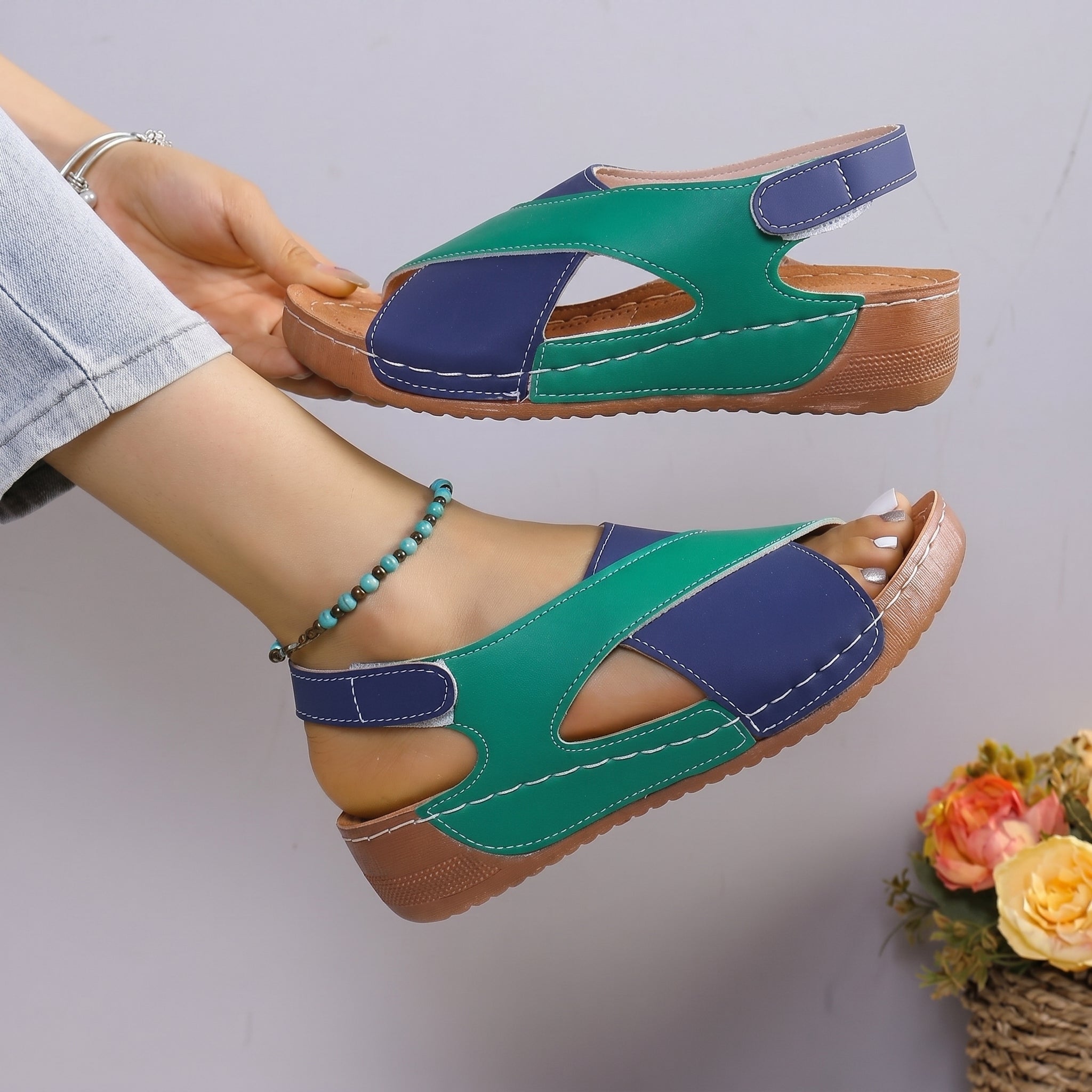 Alice - Women's Orthopaedic Cut-Out Wedge Sandals with Velcro Strap - Sandals - Green - Taylor & Bennett