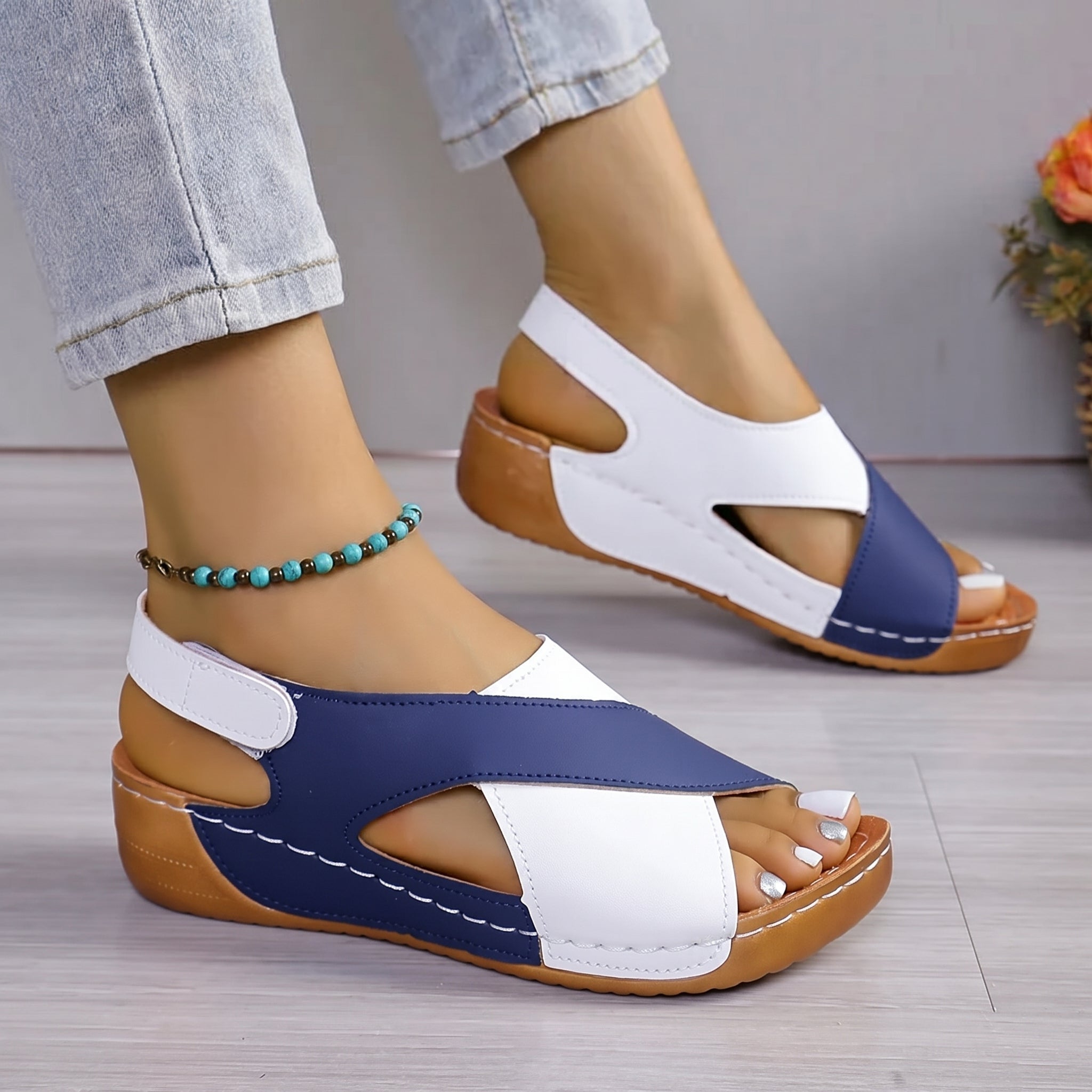 Alice - Women's Orthopaedic Cut-Out Wedge Sandals with Velcro Strap - Sandals - Blue - Taylor & Bennett