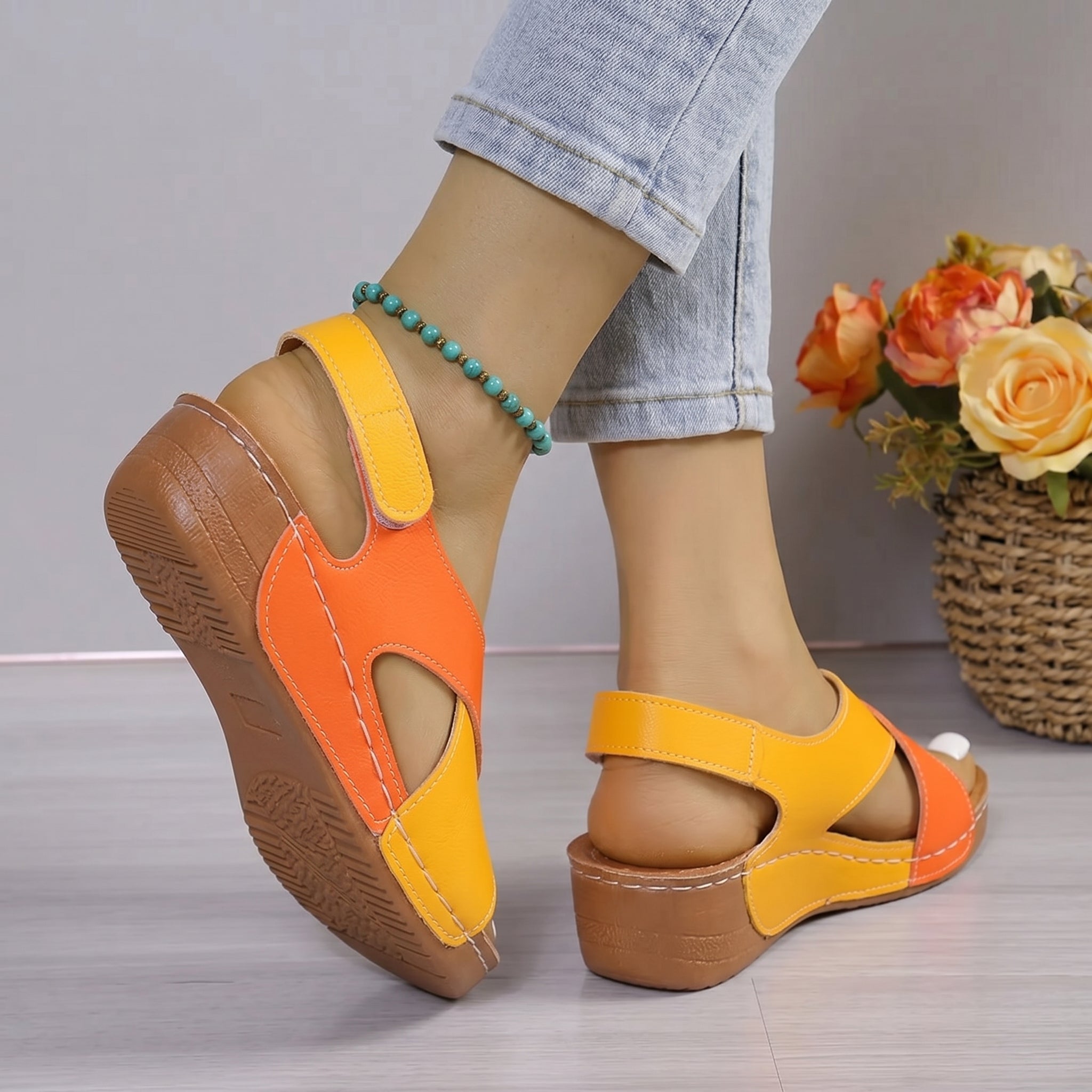 Alice - Women's Orthopaedic Cut-Out Wedge Sandals with Velcro Strap - Sandals - Yellow - Taylor & Bennett